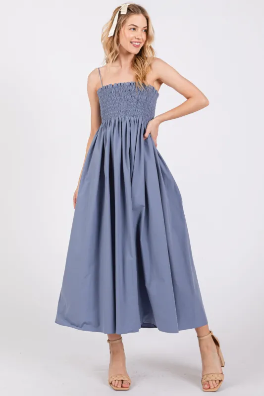 Blue Smocked Pocketed Midi Dress sold by Pinkblush