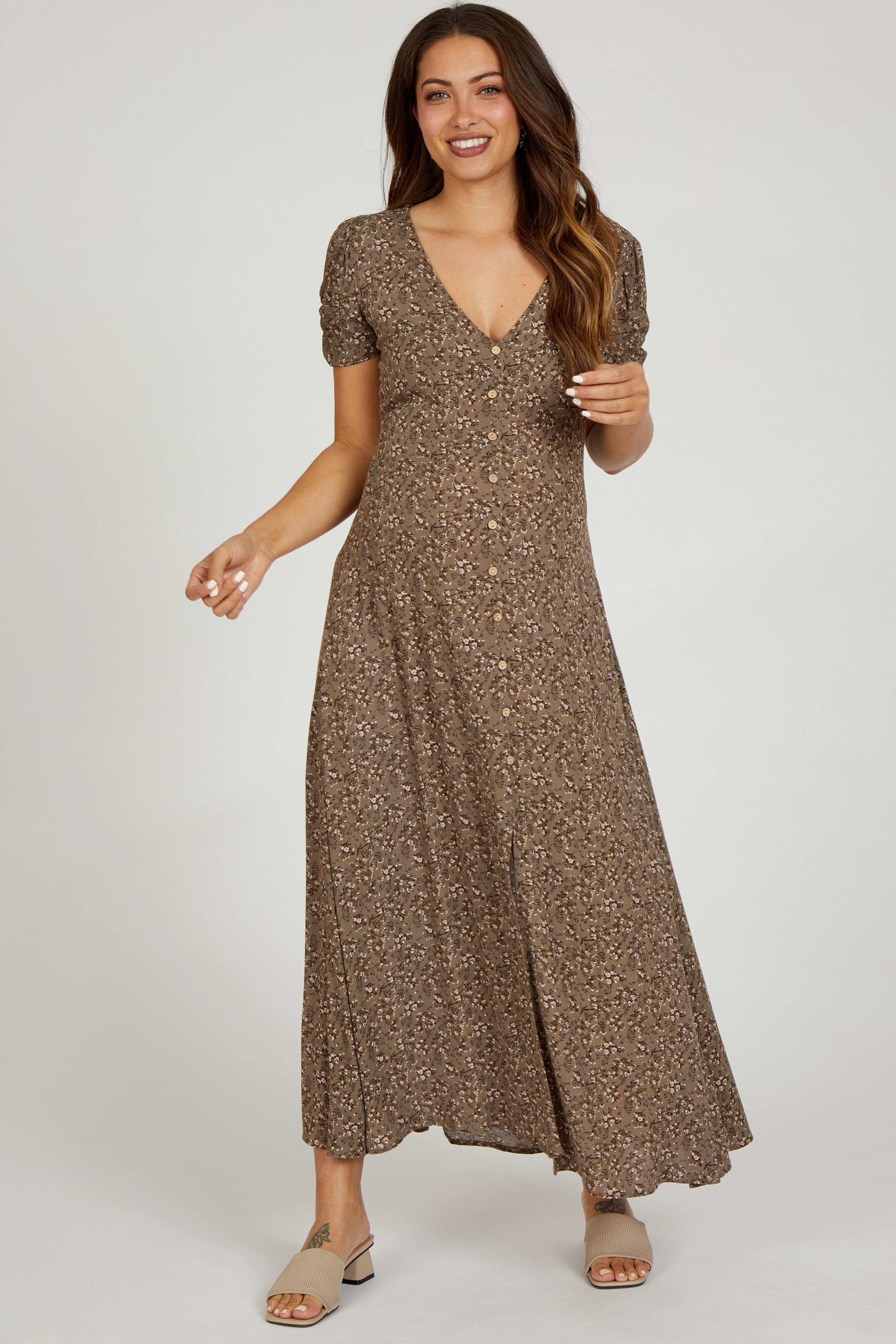Mocha Floral Button Accent Maternity Maxi Dress sold by Pinkblush