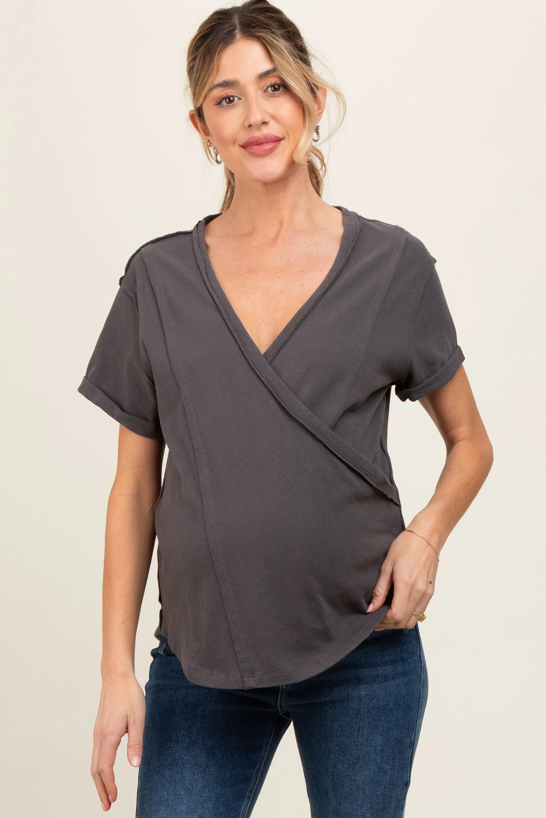 Charcoal Wrap Short Sleeve Raw Hem Maternity Top sold by Pinkblush product image thumbnail 2