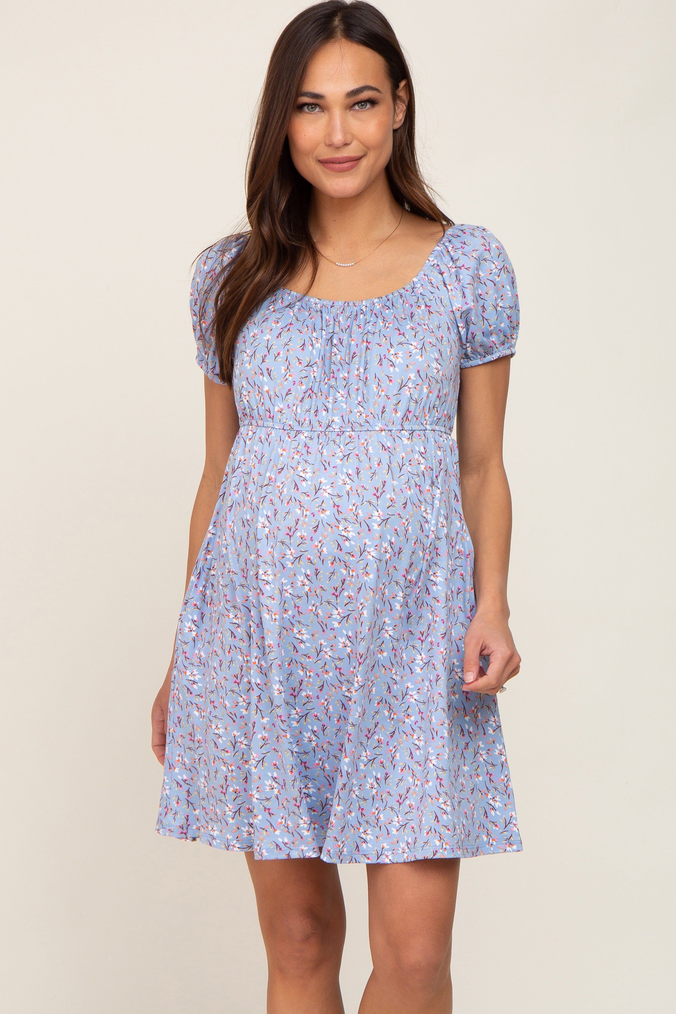 Blue Floral Short Sleeve Maternity Dress sold by Pinkblush