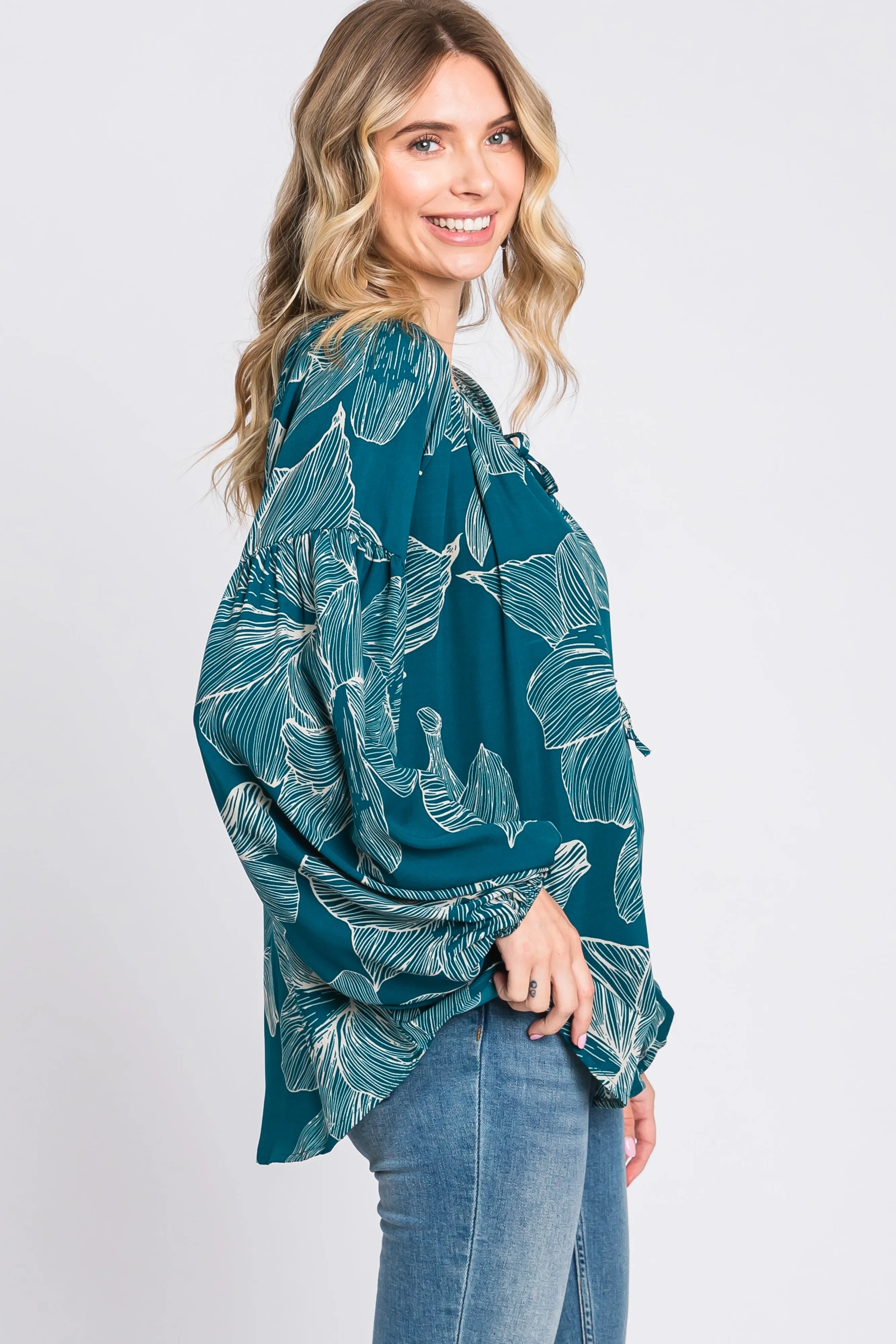 Teal Floral Tie Detail Long Sleeve Blouse sold by Pinkblush product image thumbnail 3