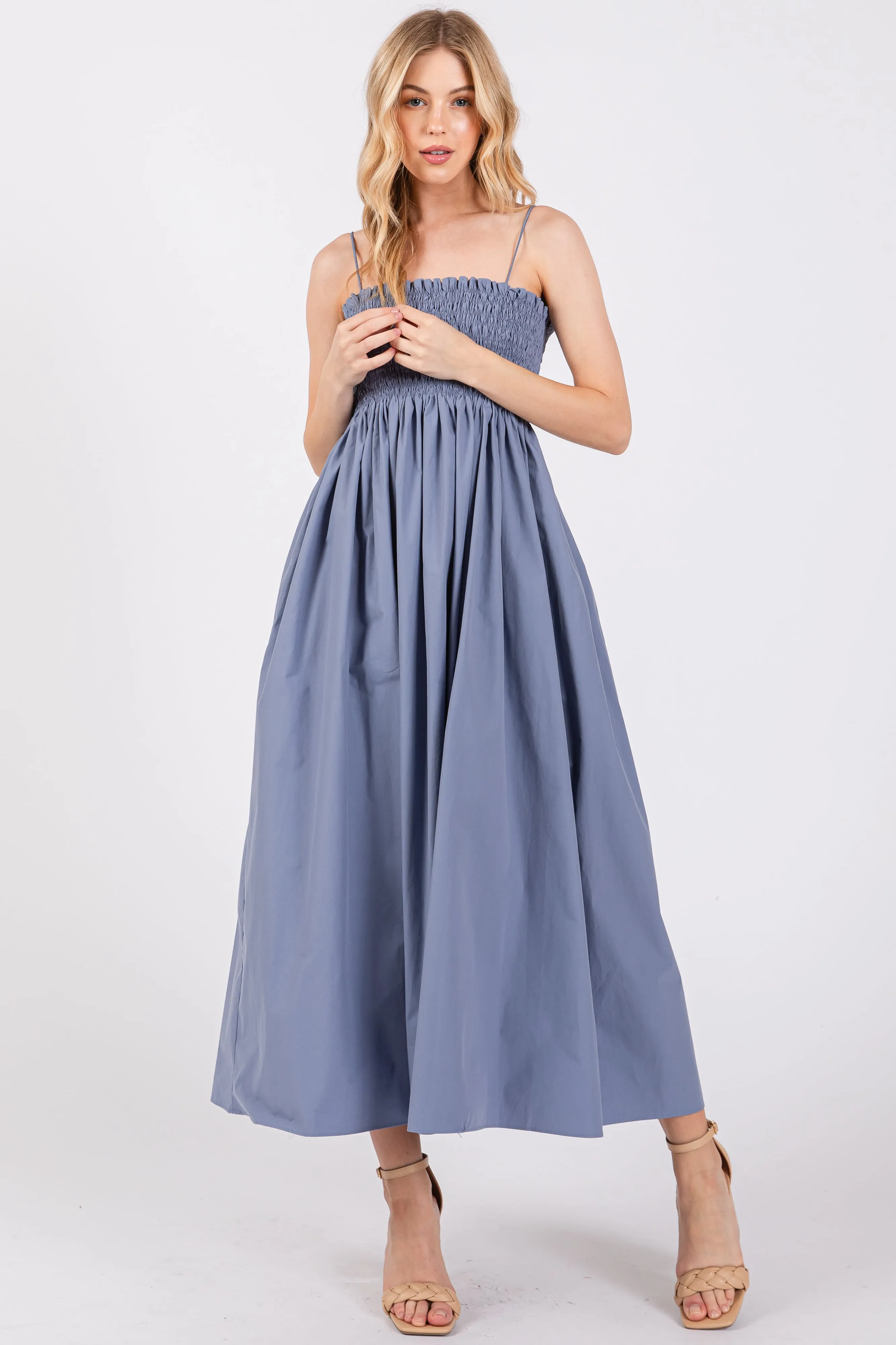 Blue Smocked Pocketed Midi Dress sold by Pinkblush product image thumbnail 2