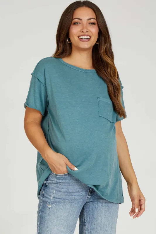 Teal Mineral Wash Front Pocket Short Sleeve Maternity T-Shirt sold by Pinkblush