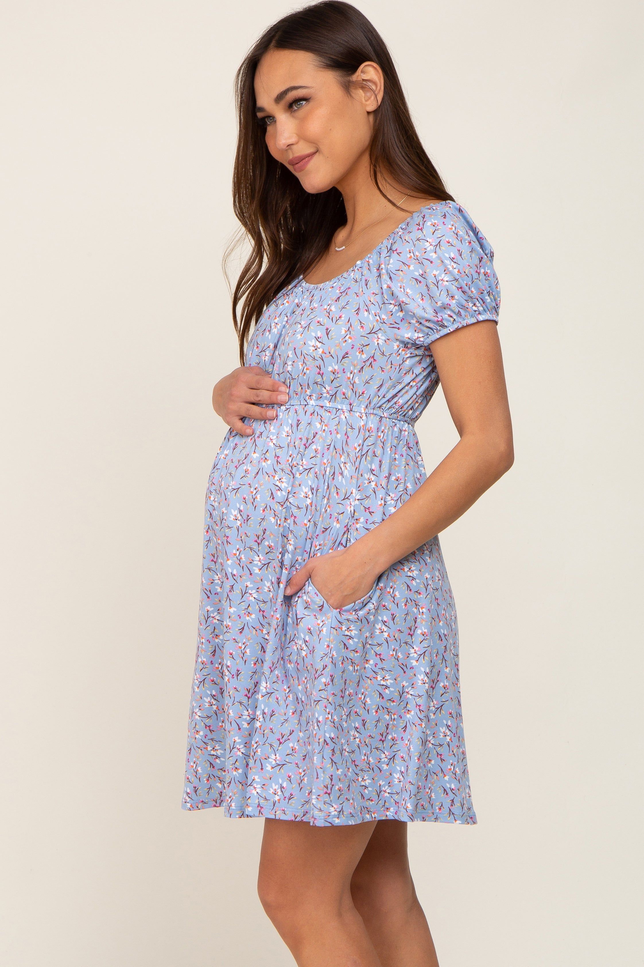 Blue Floral Short Sleeve Maternity Dress sold by Pinkblush product image thumbnail 2