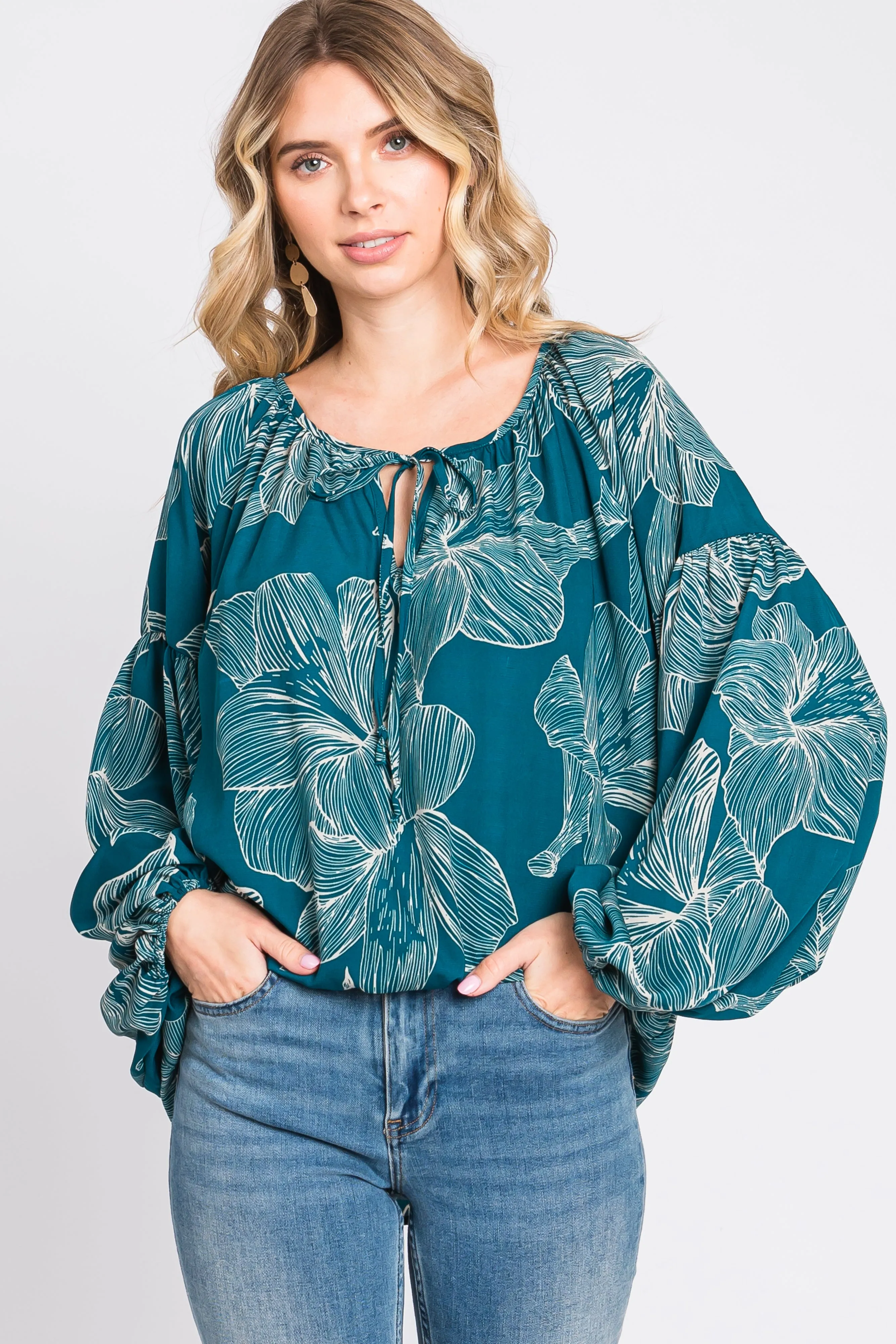 Teal Floral Tie Detail Long Sleeve Blouse sold by Pinkblush