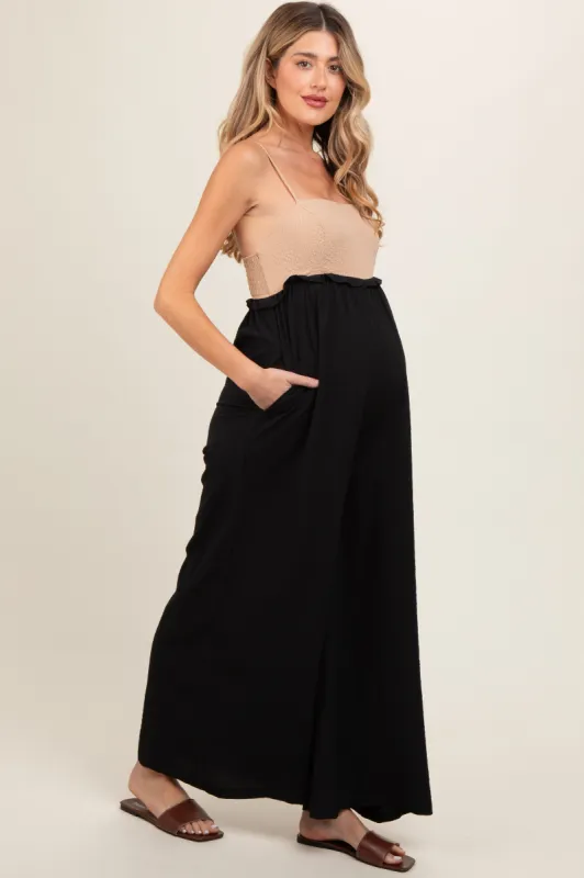 Taupe Colorblock Sleeveless Maternity Jumpsuit sold by Pinkblush