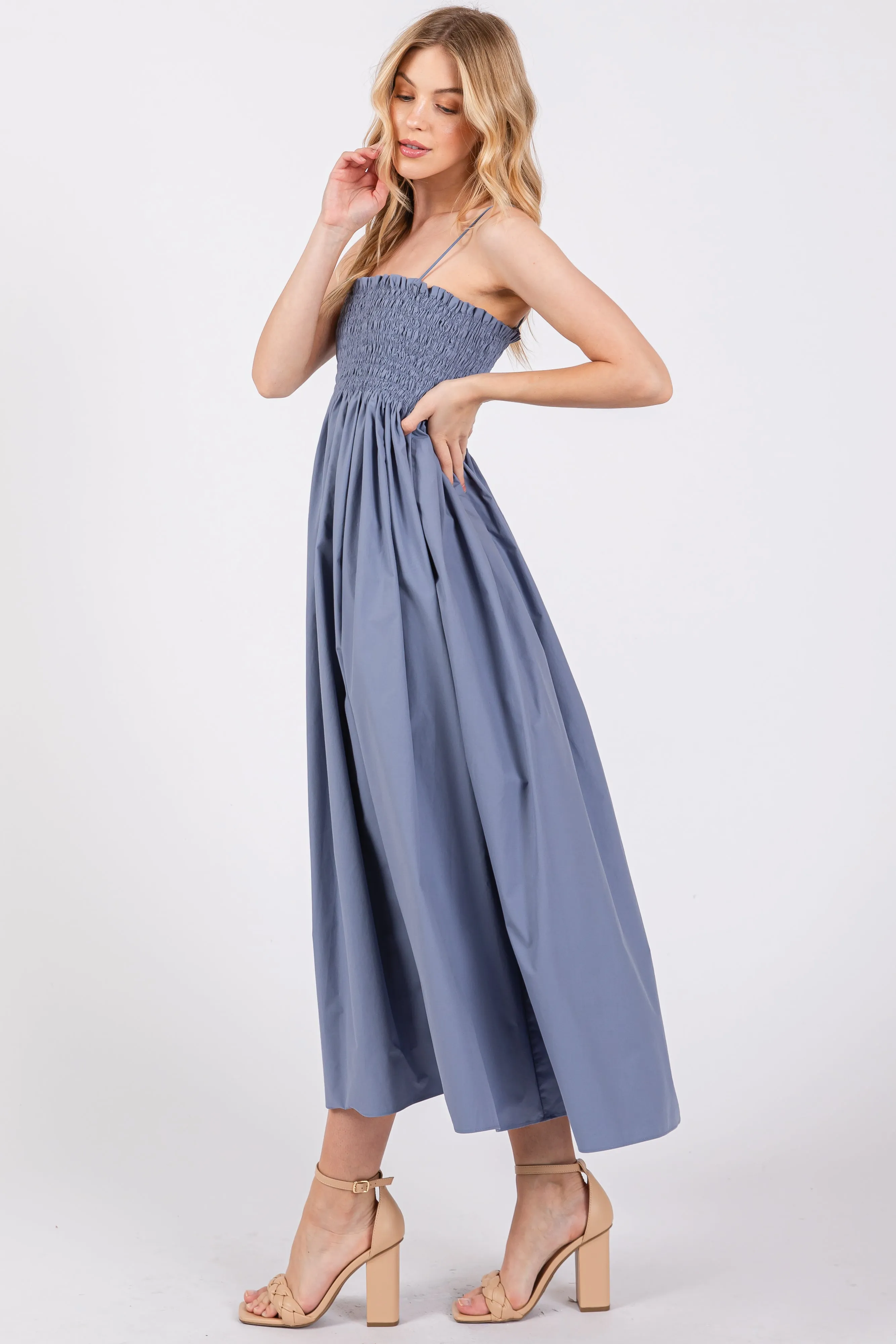 Blue Smocked Pocketed Midi Dress sold by Pinkblush product image thumbnail 3