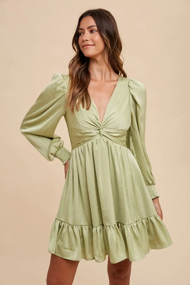 Mint Green Striped Satin Twist Front Dress sold by Pinkblush