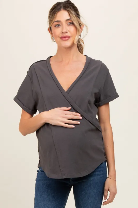 Charcoal Wrap Short Sleeve Raw Hem Maternity Top sold by Pinkblush