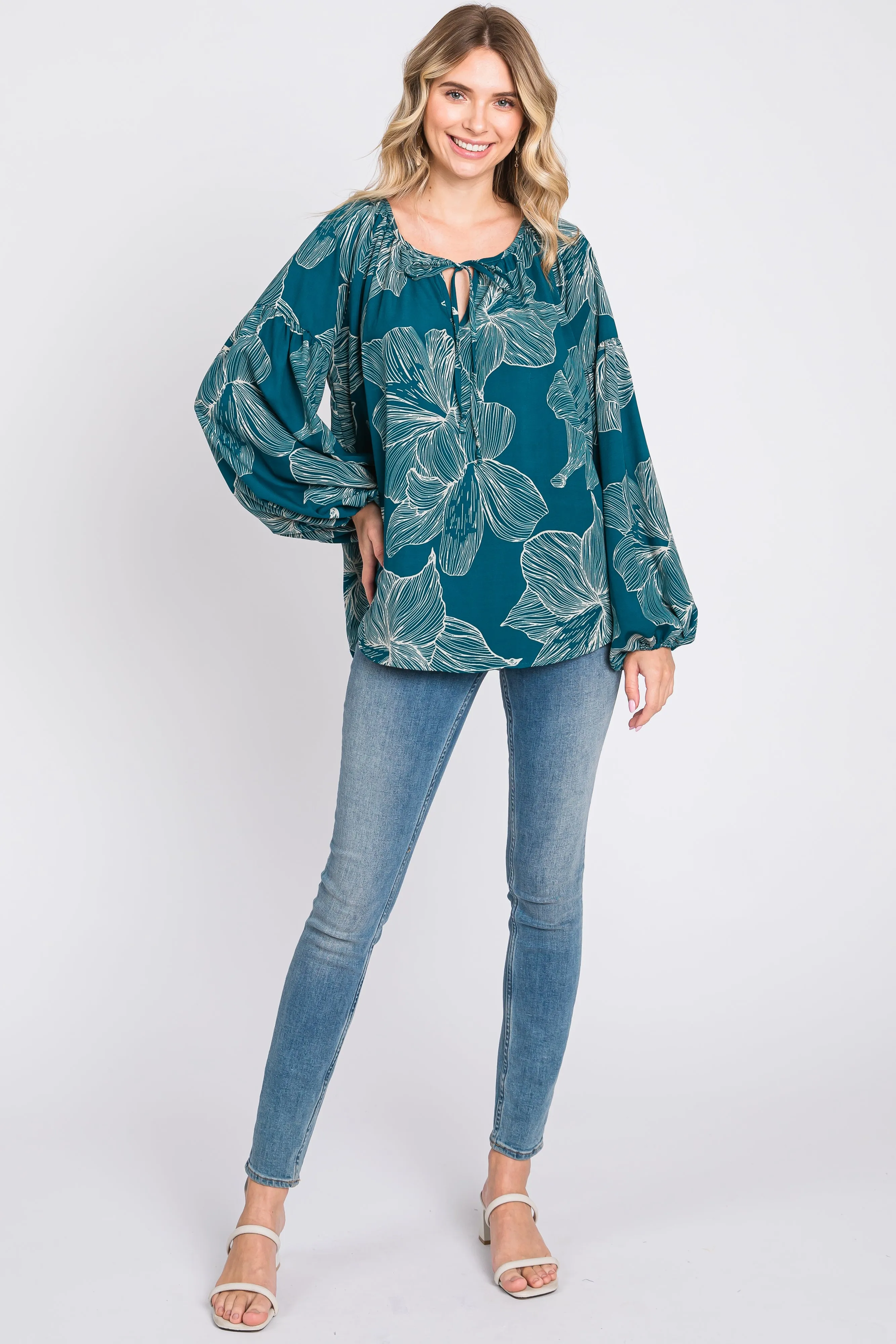Teal Floral Tie Detail Long Sleeve Blouse sold by Pinkblush product image thumbnail 5