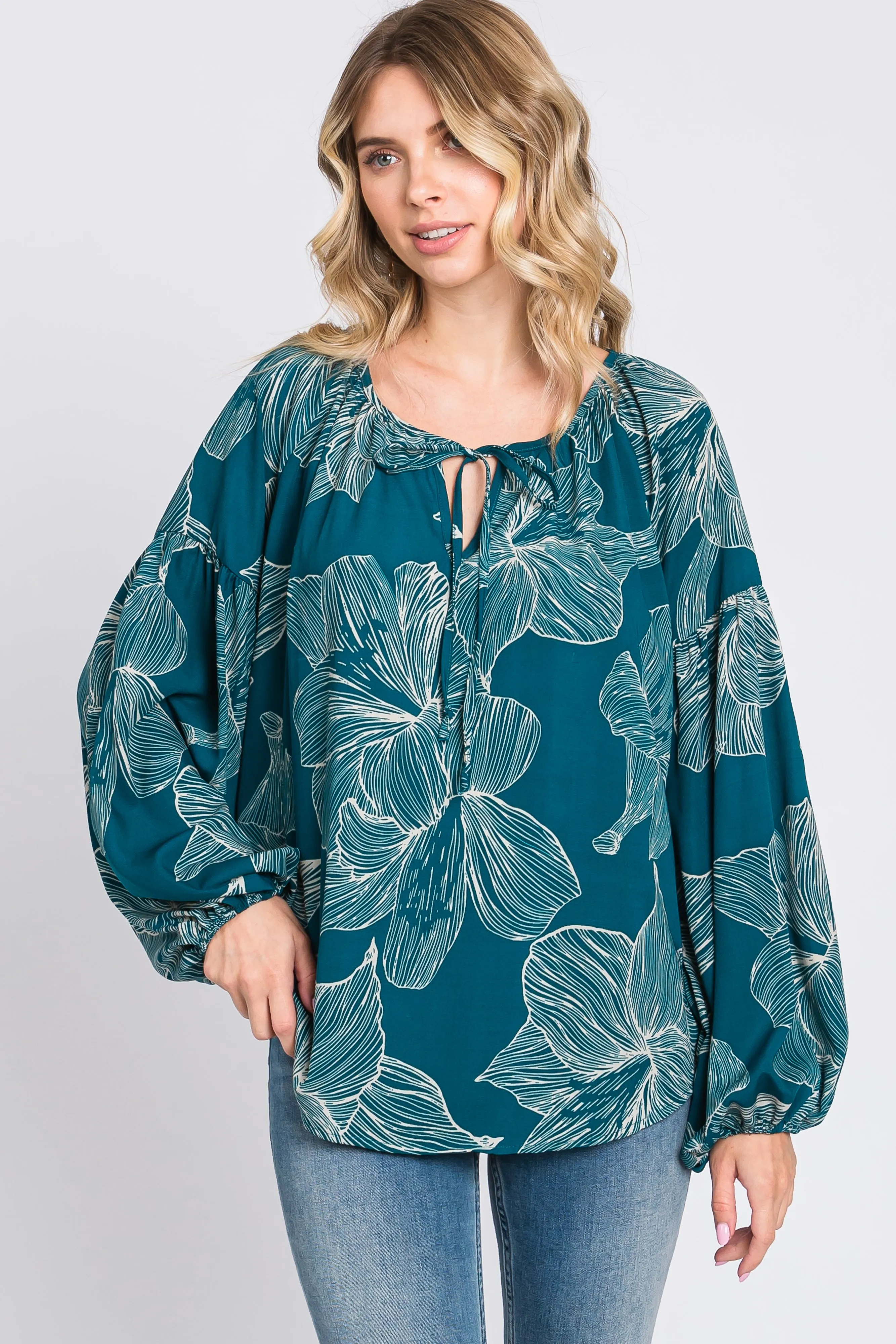 Teal Floral Tie Detail Long Sleeve Blouse sold by Pinkblush product image thumbnail 2