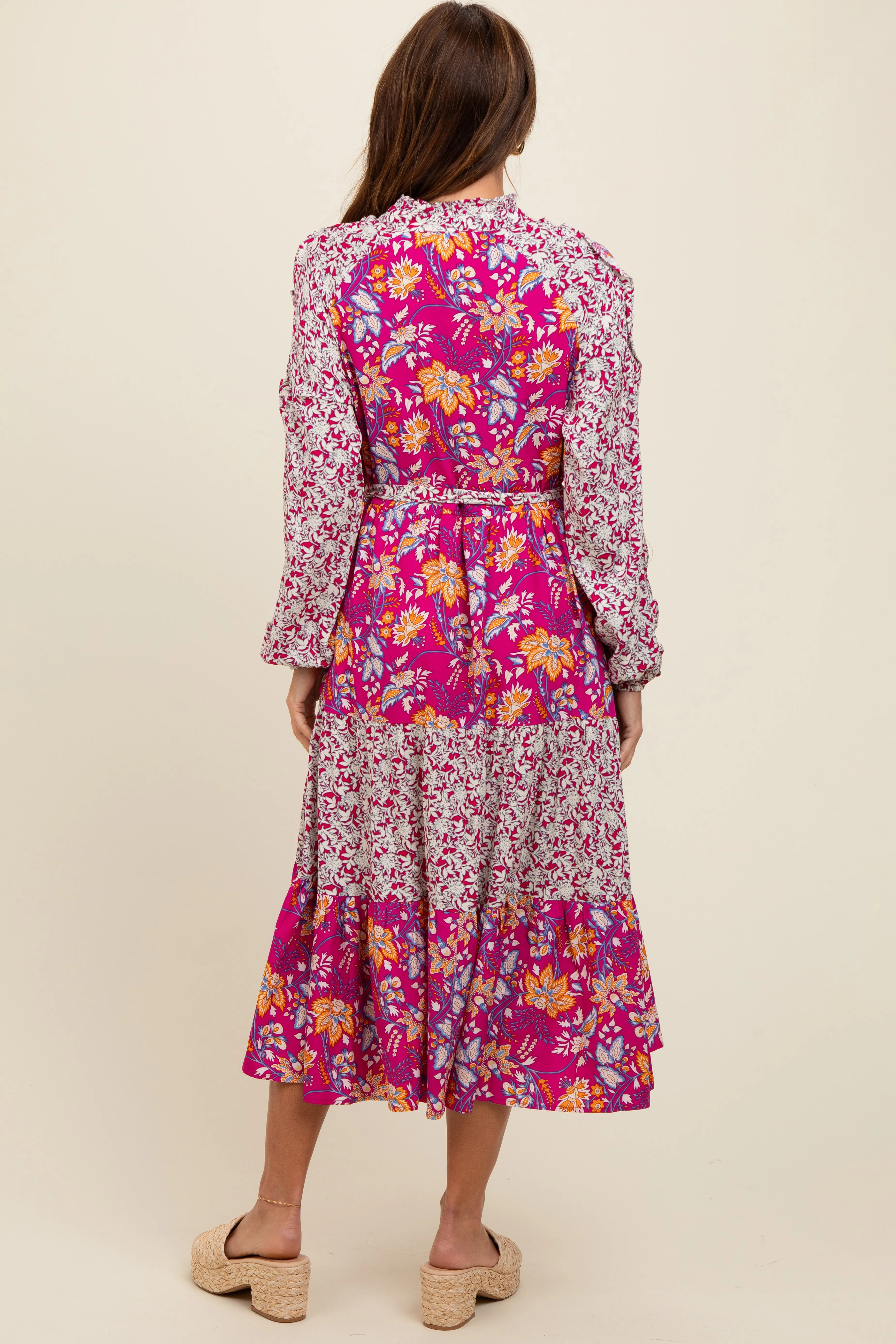 Magenta Mixed Floral Front Tie Midi Dress sold by Pinkblush product image thumbnail 4
