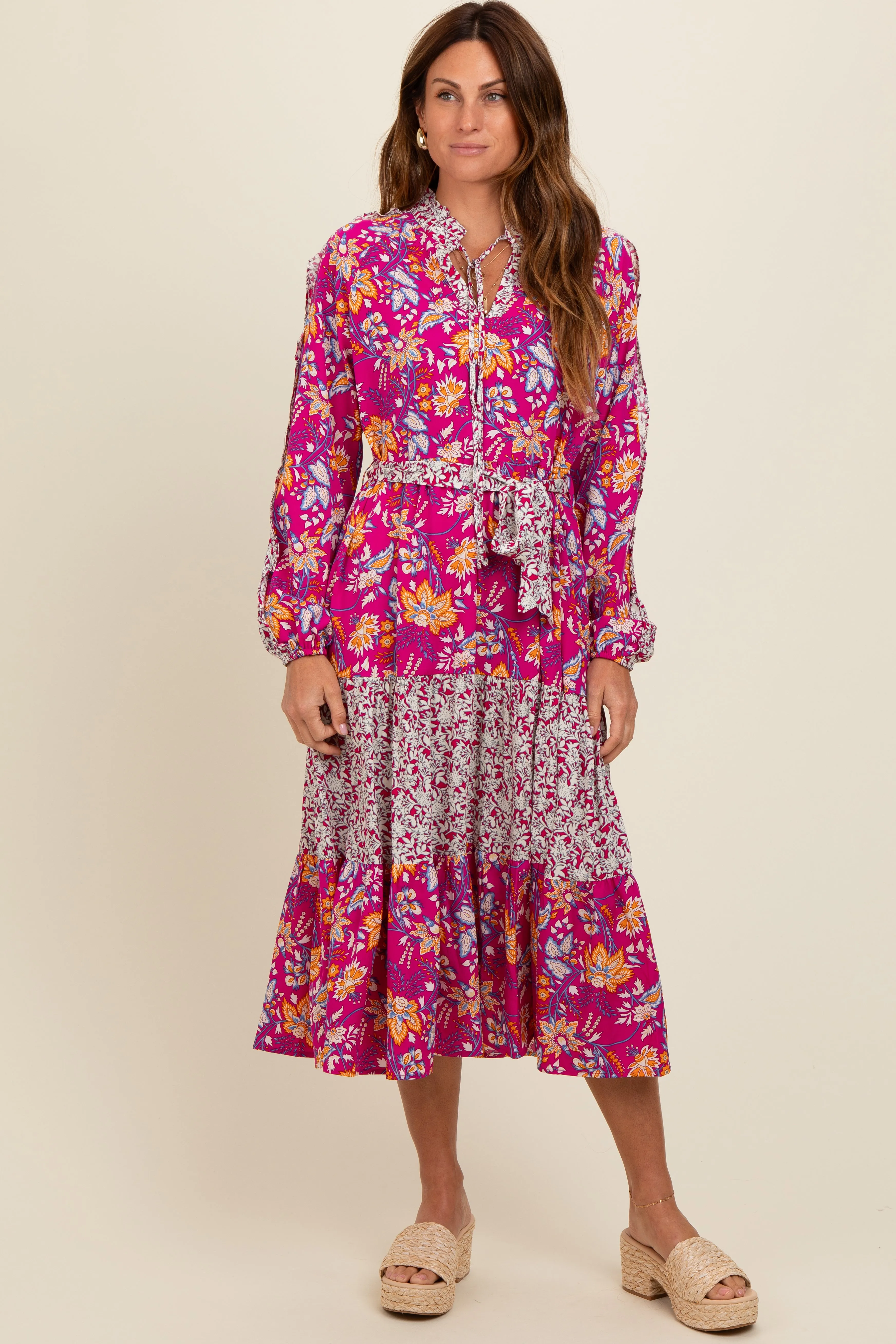 Magenta Mixed Floral Front Tie Midi Dress sold by Pinkblush
