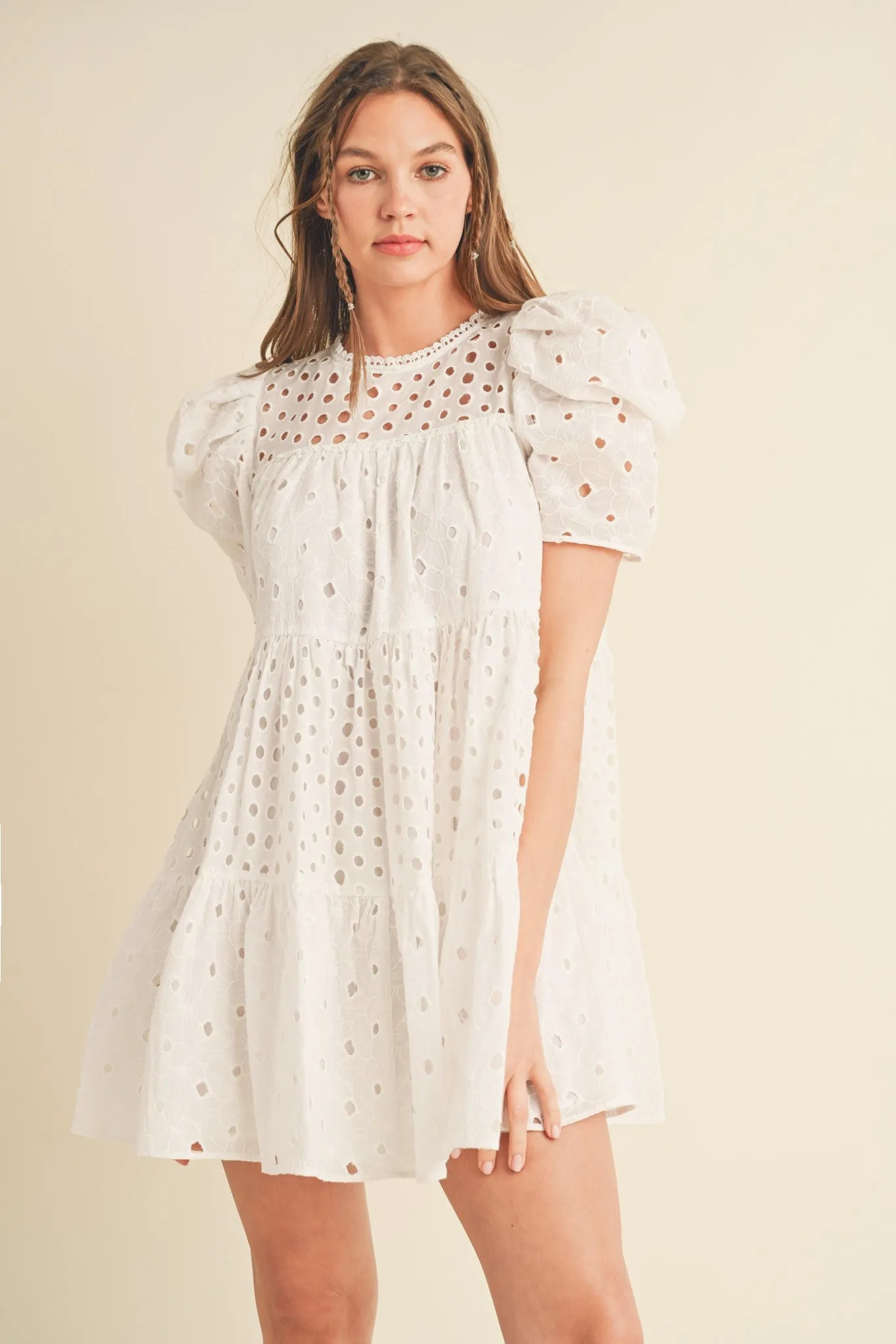 White Floral Eyelet Puff Sleeve Mini Dress sold by Pinkblush