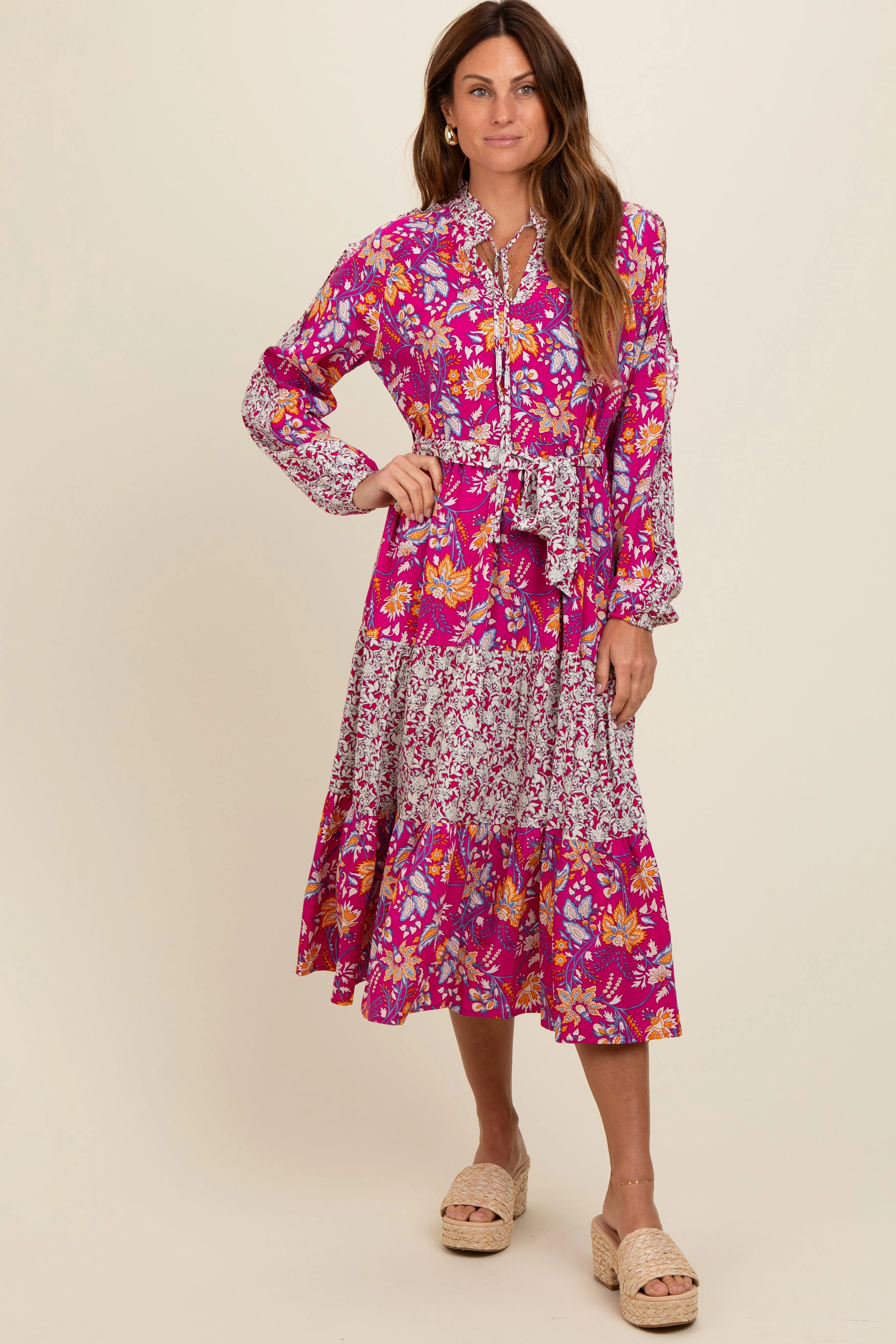 Magenta Mixed Floral Front Tie Midi Dress sold by Pinkblush product image thumbnail 2
