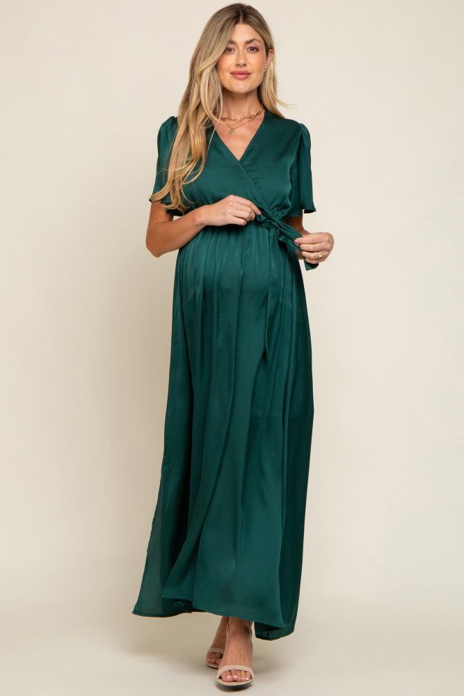 Green Satin Wrap Front V-Neck Short Sleeve Side Slit Maternity Maxi Dress sold by Pinkblush