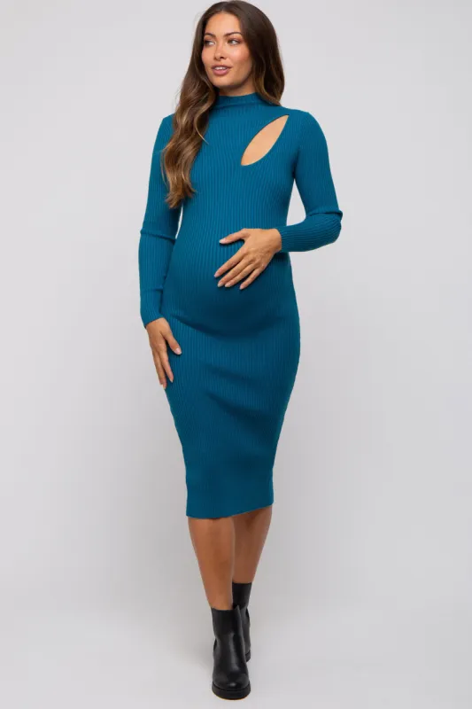 Teal Cutout Fitted Maternity Knit Dress sold by Pinkblush