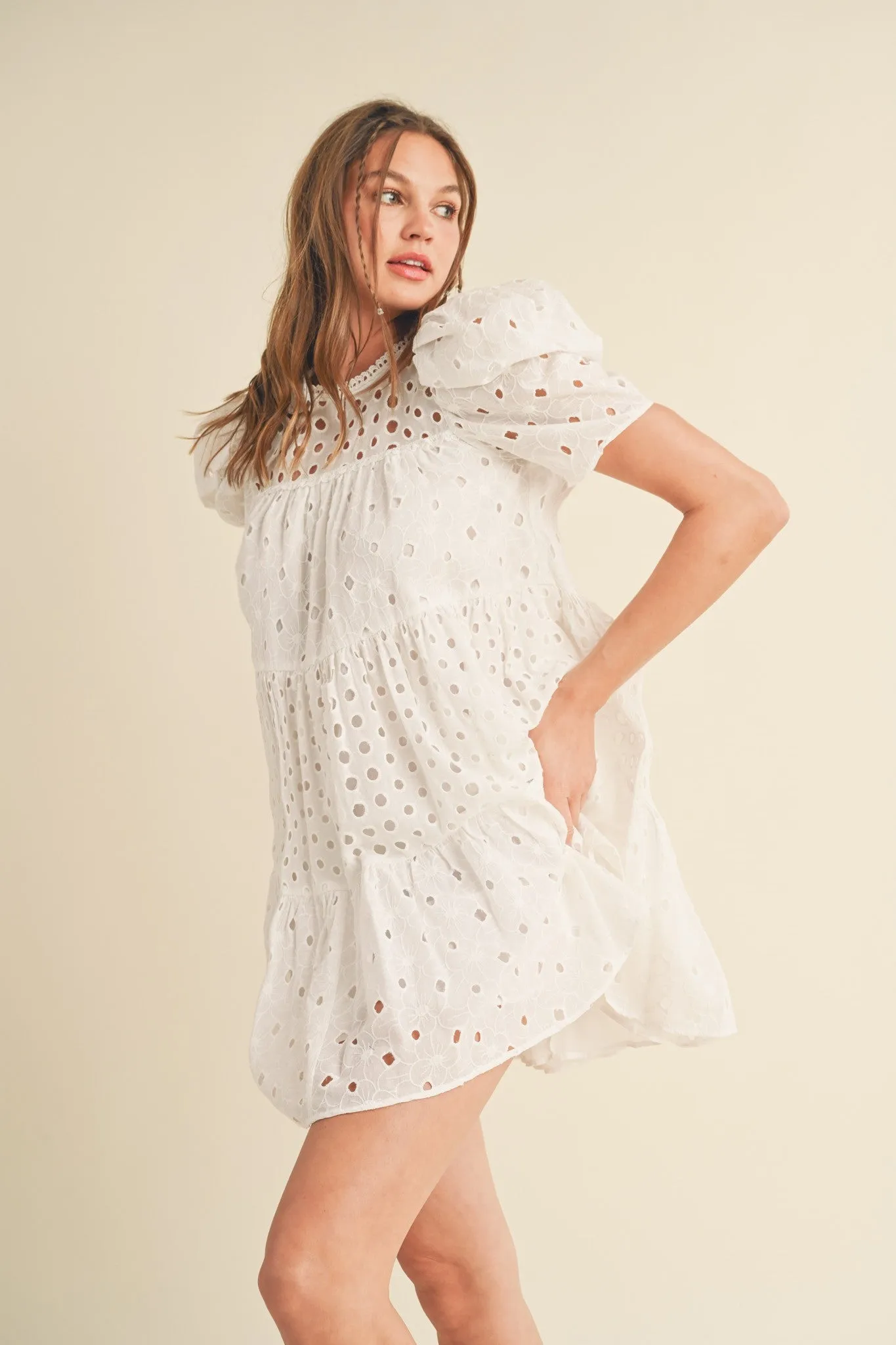 White Floral Eyelet Puff Sleeve Mini Dress sold by Pinkblush product image thumbnail 2