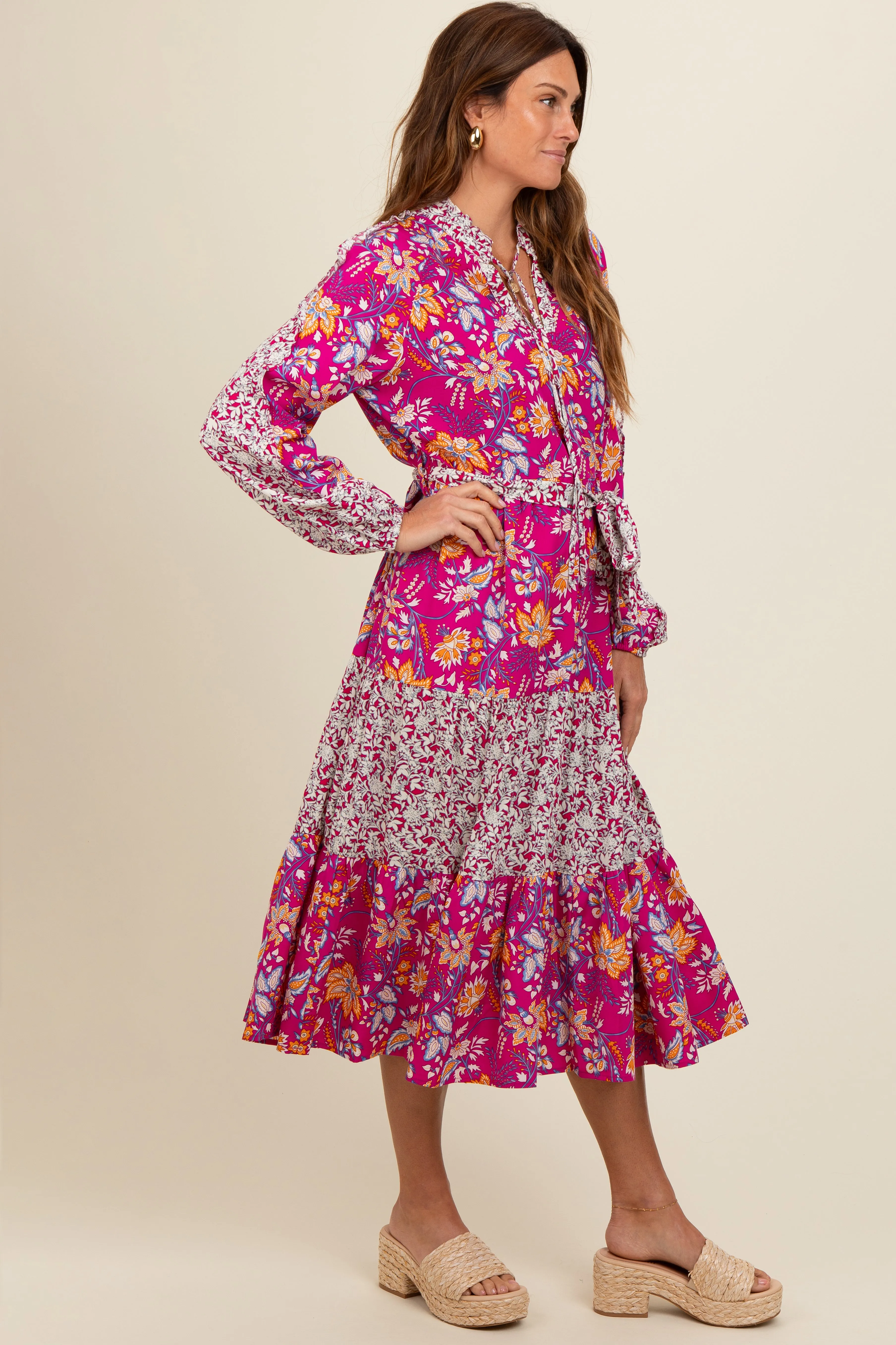 Magenta Mixed Floral Front Tie Midi Dress sold by Pinkblush product image thumbnail 3