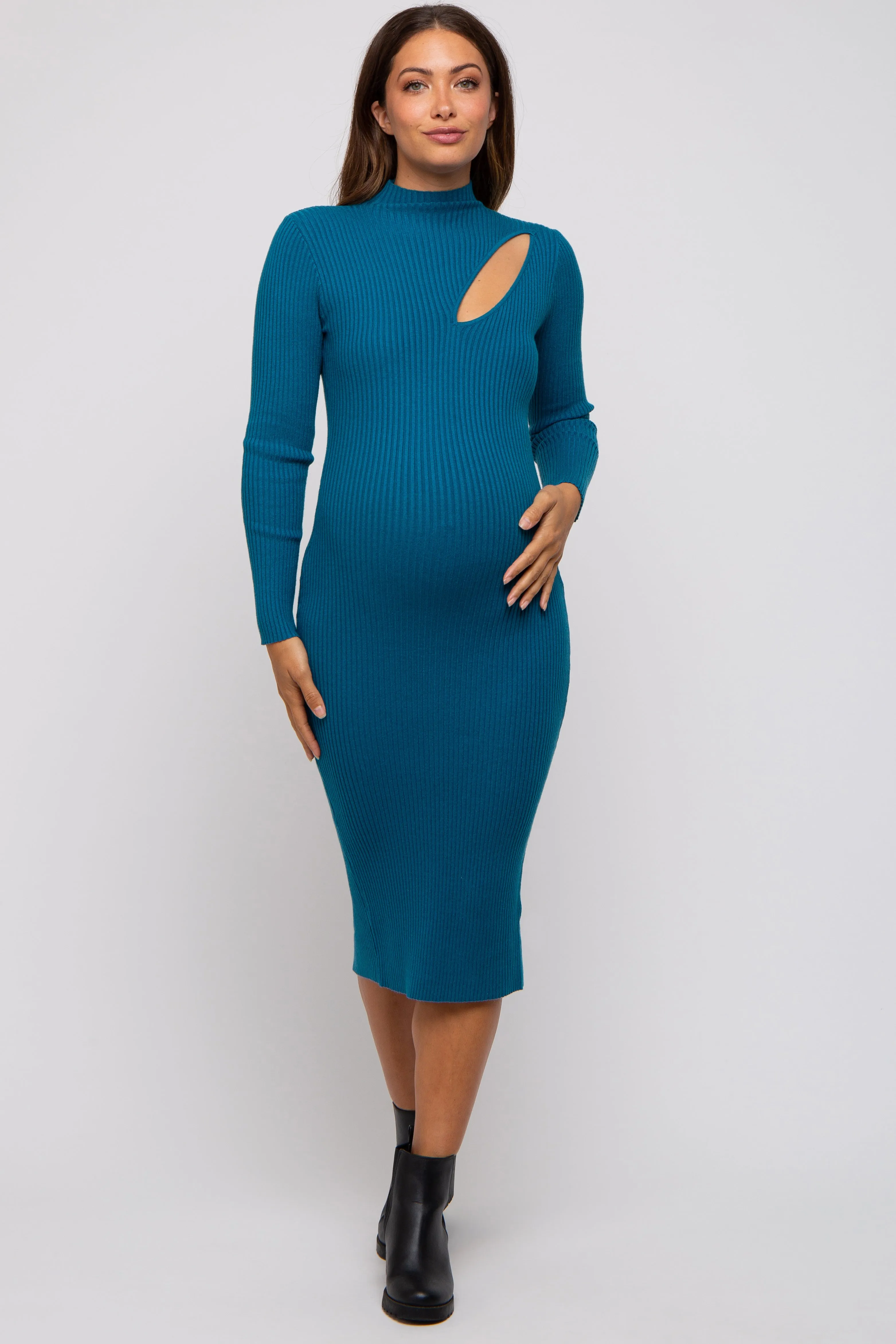 Teal Cutout Fitted Maternity Knit Dress sold by Pinkblush product image thumbnail 5