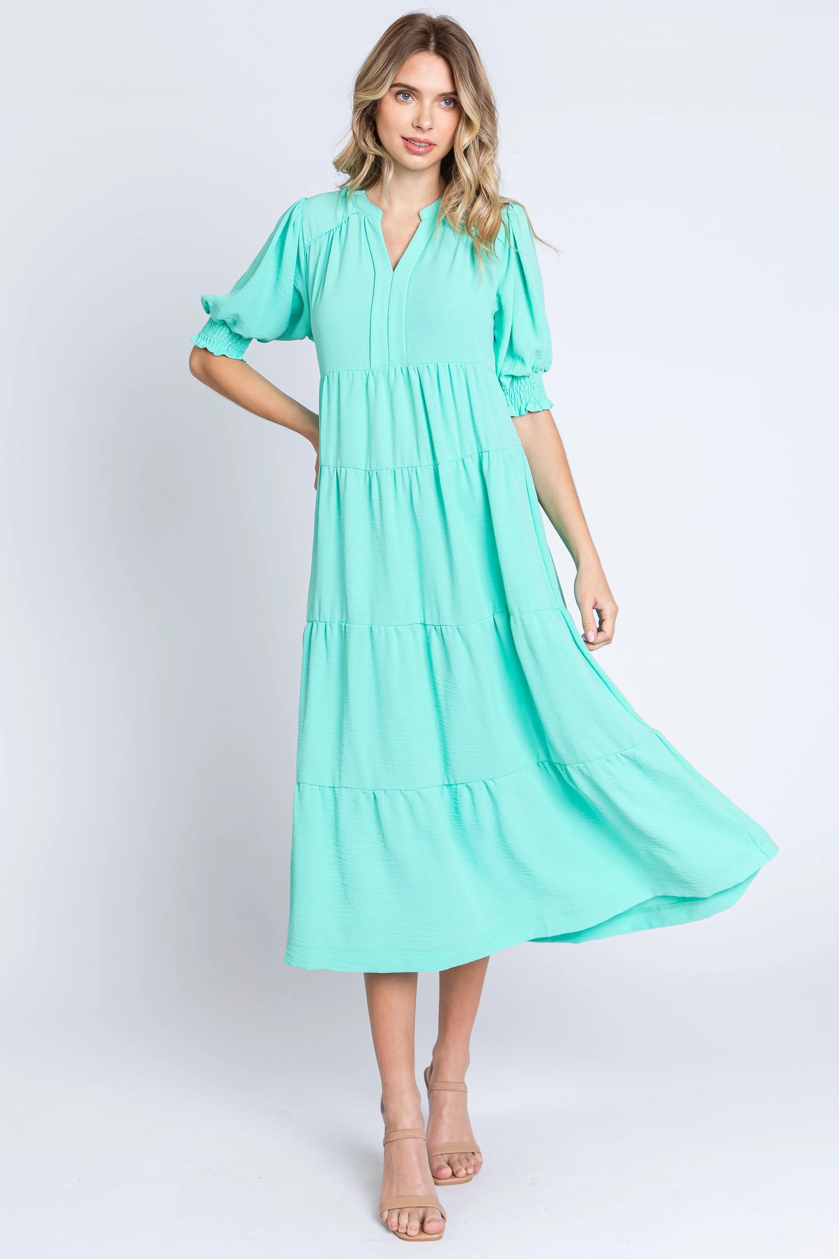 Emerald Short Sleeve Tiered Maternity Midi Dress sold by Pinkblush product image thumbnail 5
