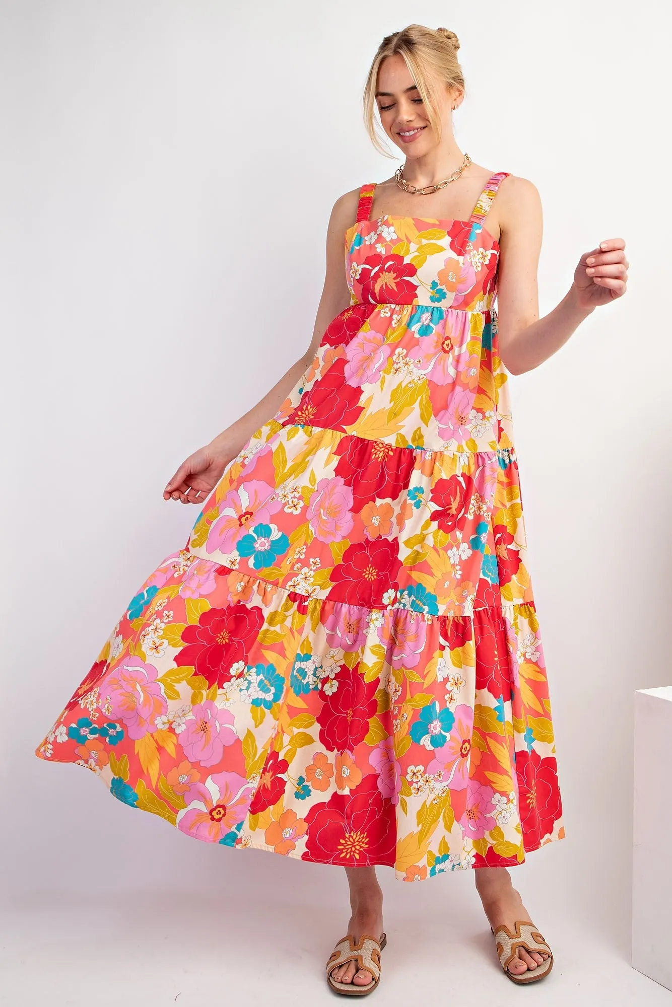 Coral Multi-Color Floral Tiered Cutout Back Dress sold by Pinkblush