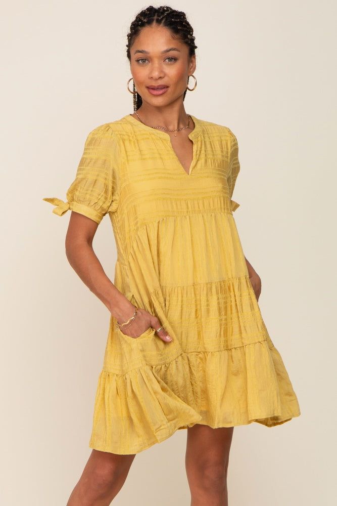 Yellow Textured Stripe V-Neck Tiered Dress sold by Pinkblush