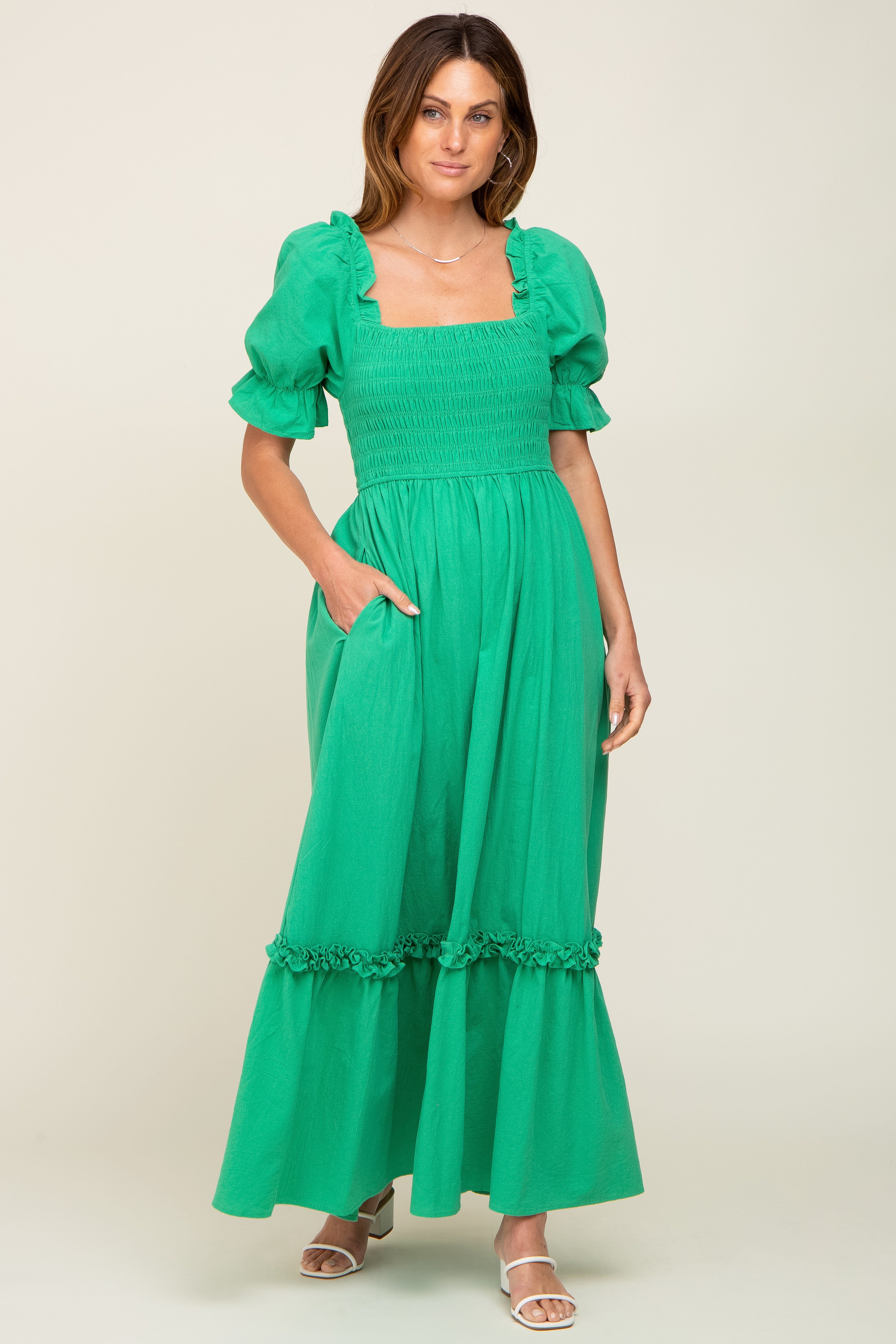 Green Puff Sleeve Ruffle Accent Maxi Dress sold by Pinkblush product image thumbnail 4