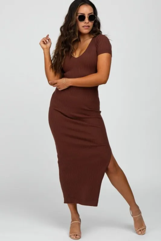 Brown Ribbed Fitted Side Slit Midi Dress sold by Pinkblush