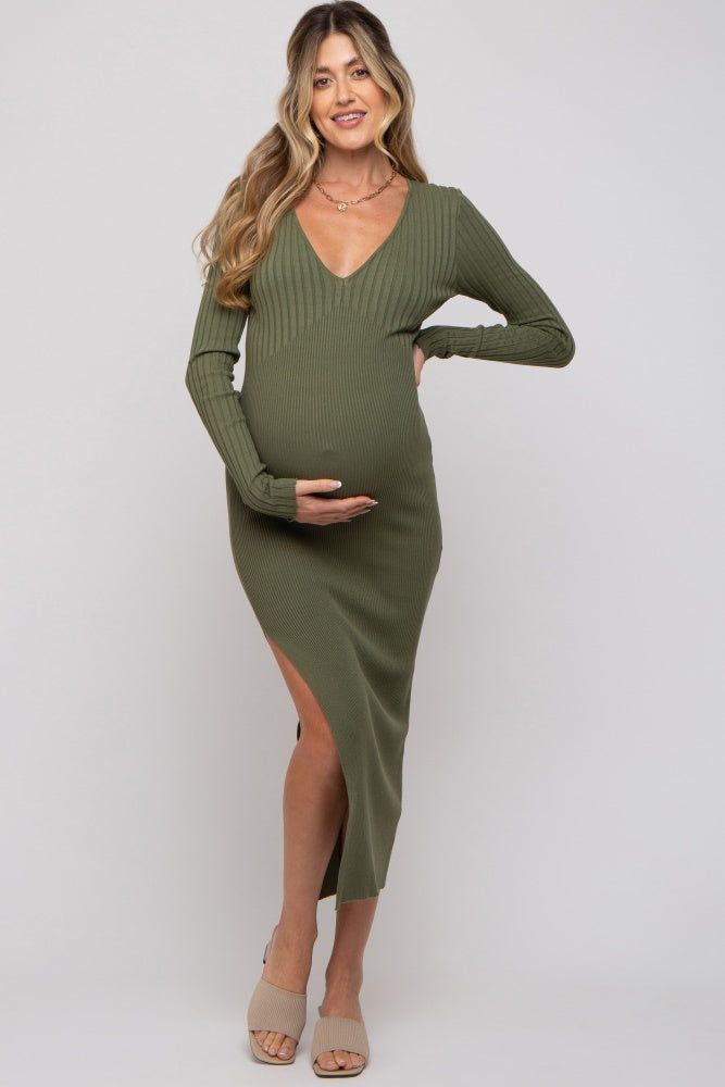 Olive Ribbed Fitted Long Sleeve Maternity Maxi Dress sold by Pinkblush