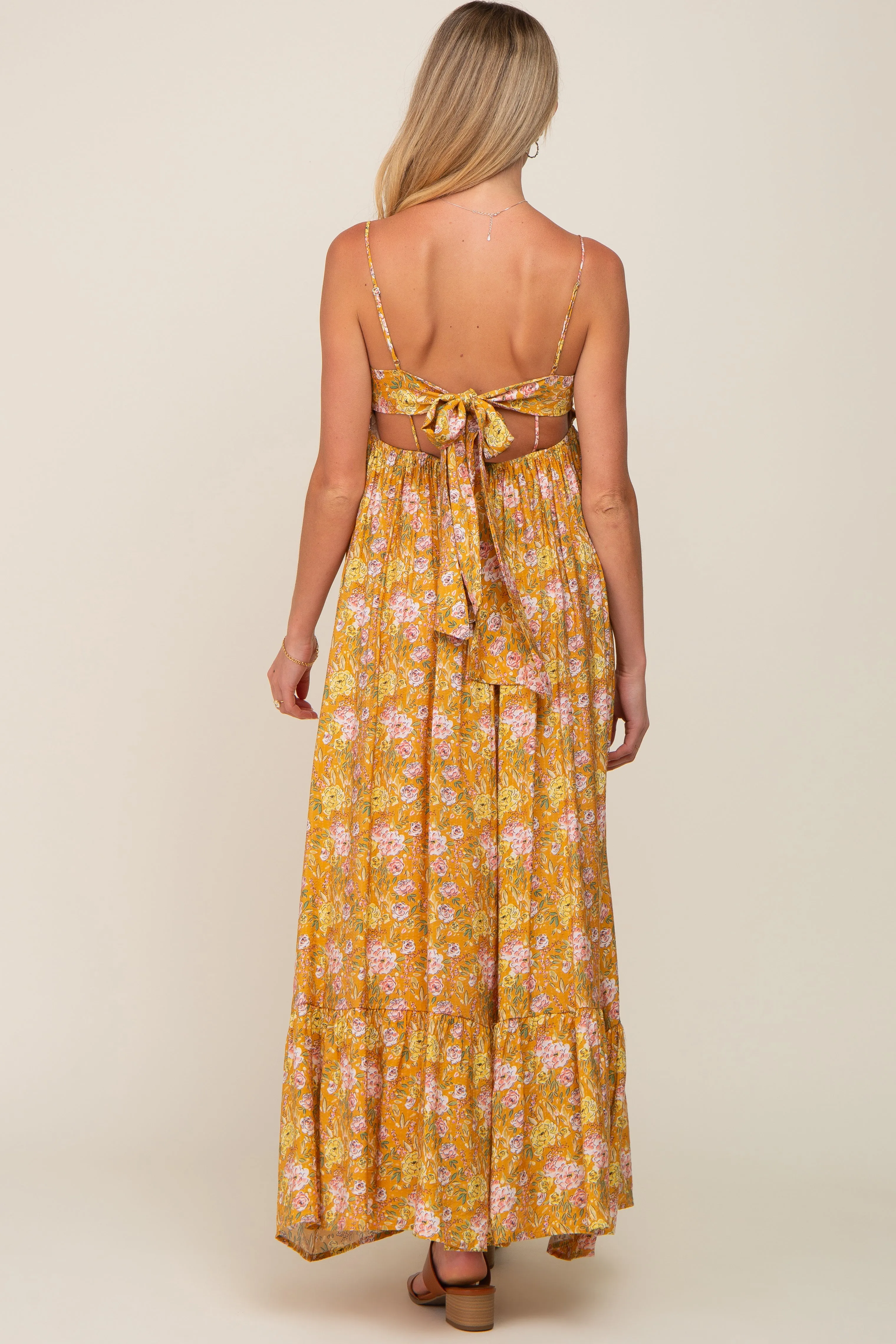 Gold Floral Back Tie Cutout Maternity Maxi Dress sold by Pinkblush product image thumbnail 4