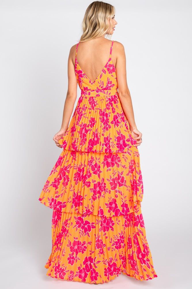 Orange Floral Pleated Tiered Maxi Dress sold by Pinkblush product image thumbnail 3