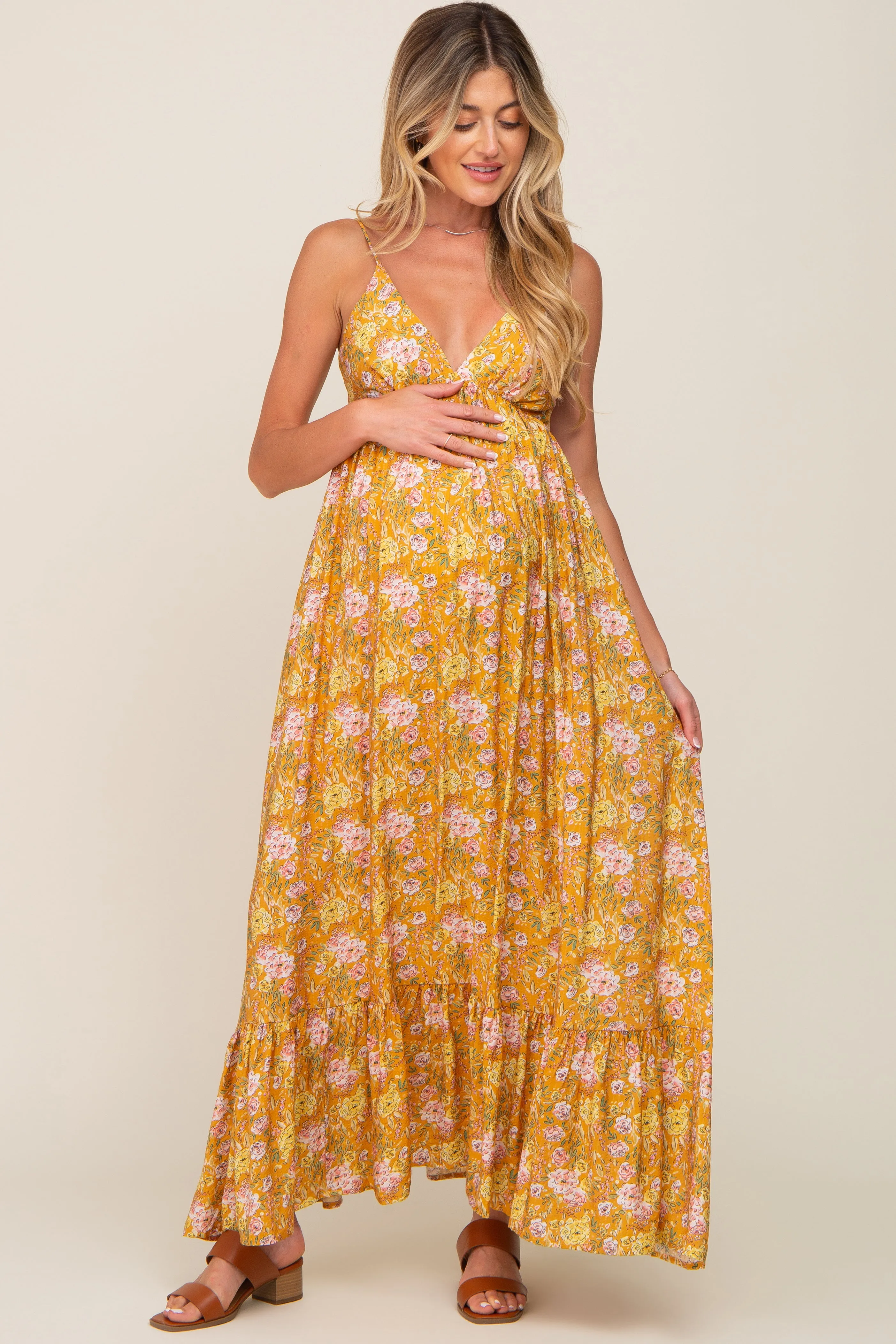 Gold Floral Back Tie Cutout Maternity Maxi Dress sold by Pinkblush