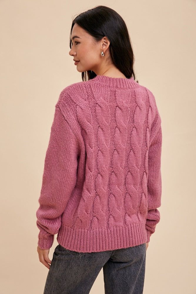 Mauve Floral Embroidered Cable Knit Sweater sold by Pinkblush product image thumbnail 3