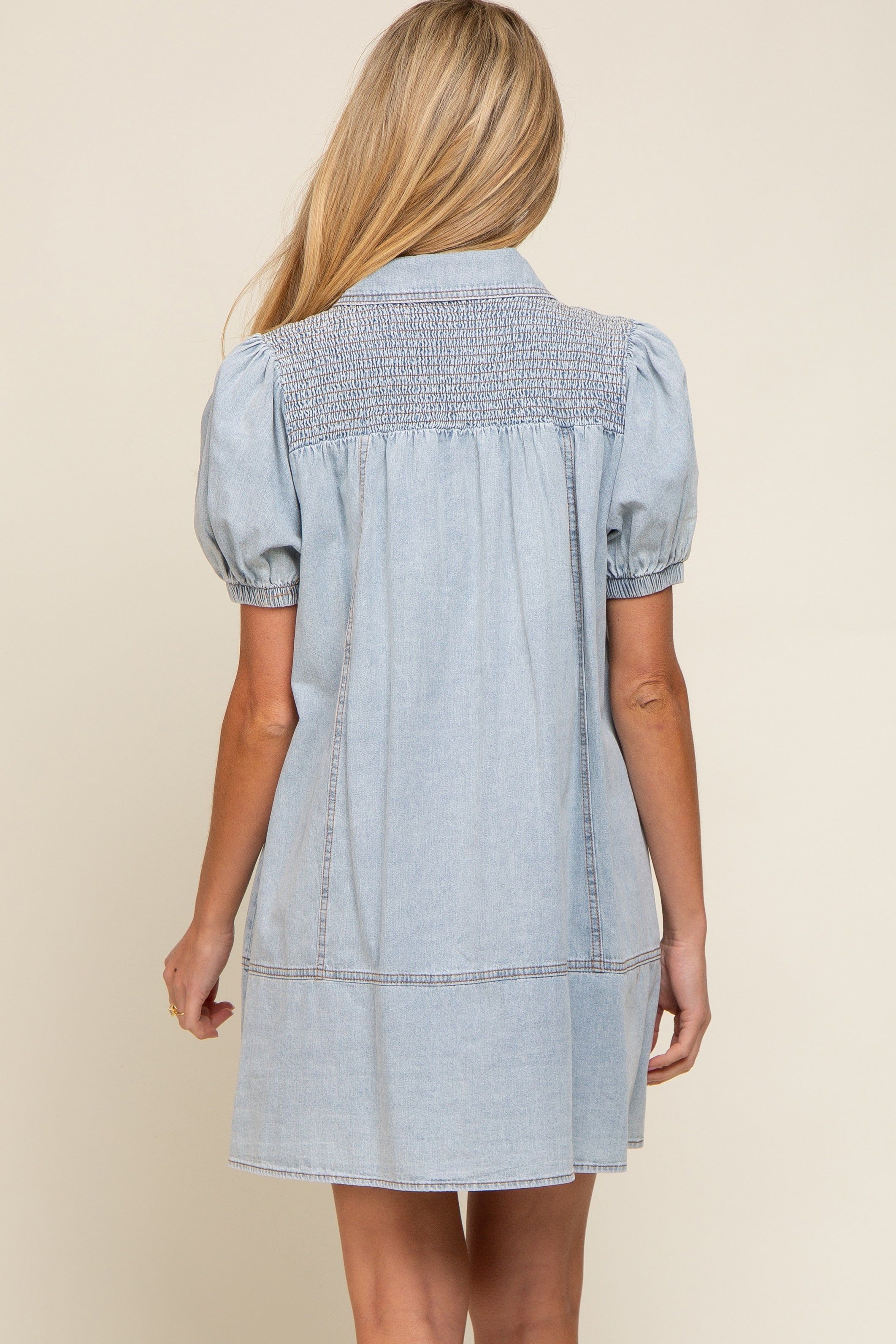 Light Blue Denim Smocked Button Up Maternity Dress sold by Pinkblush product image thumbnail 3