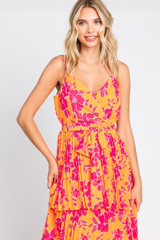 Orange Floral Pleated Tiered Maxi Dress sold by Pinkblush product image thumbnail 4