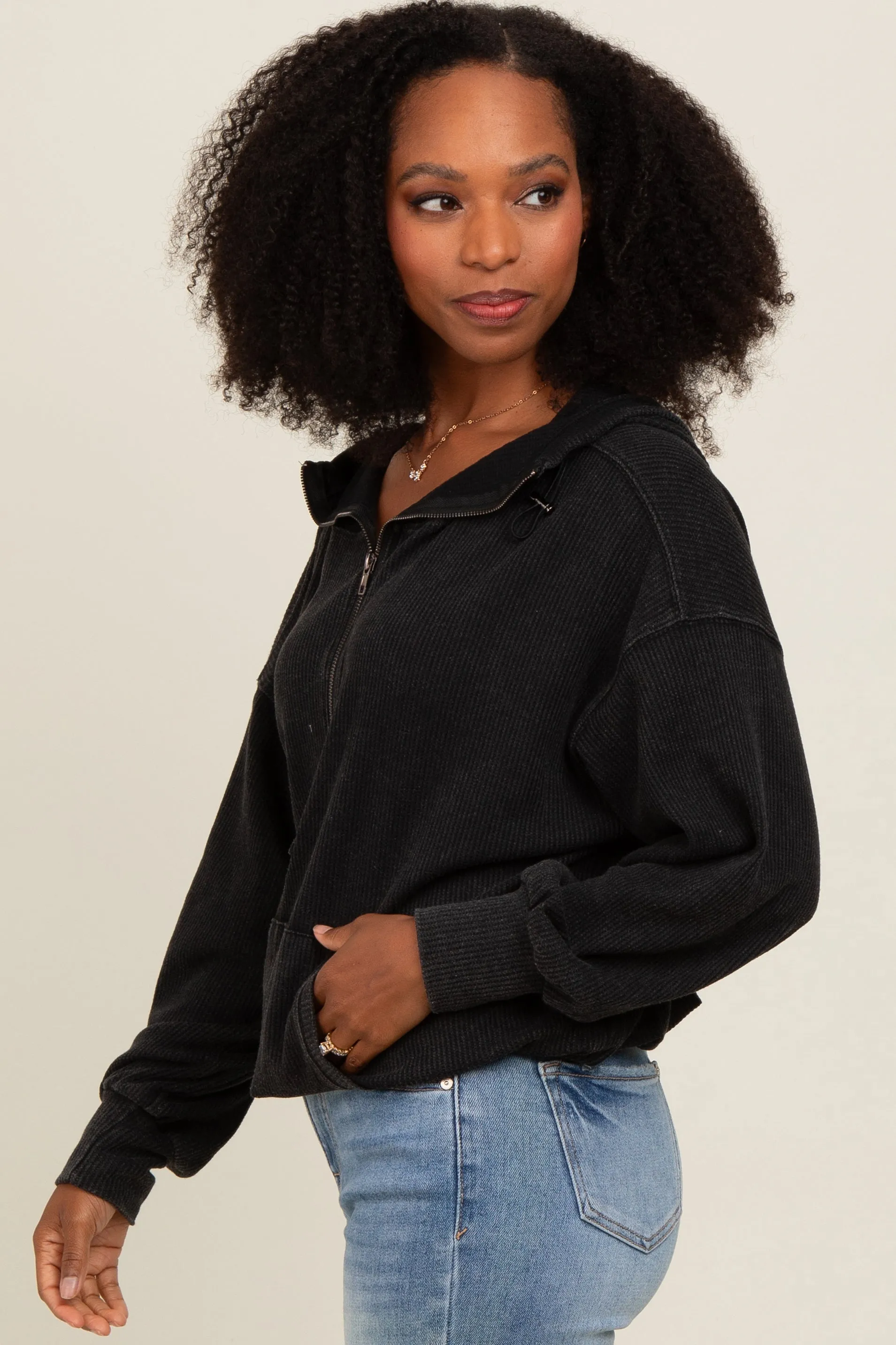 Charcoal Waffle Knit Half Zip Relaxed Fit Hoodie sold by Pinkblush product image thumbnail 3