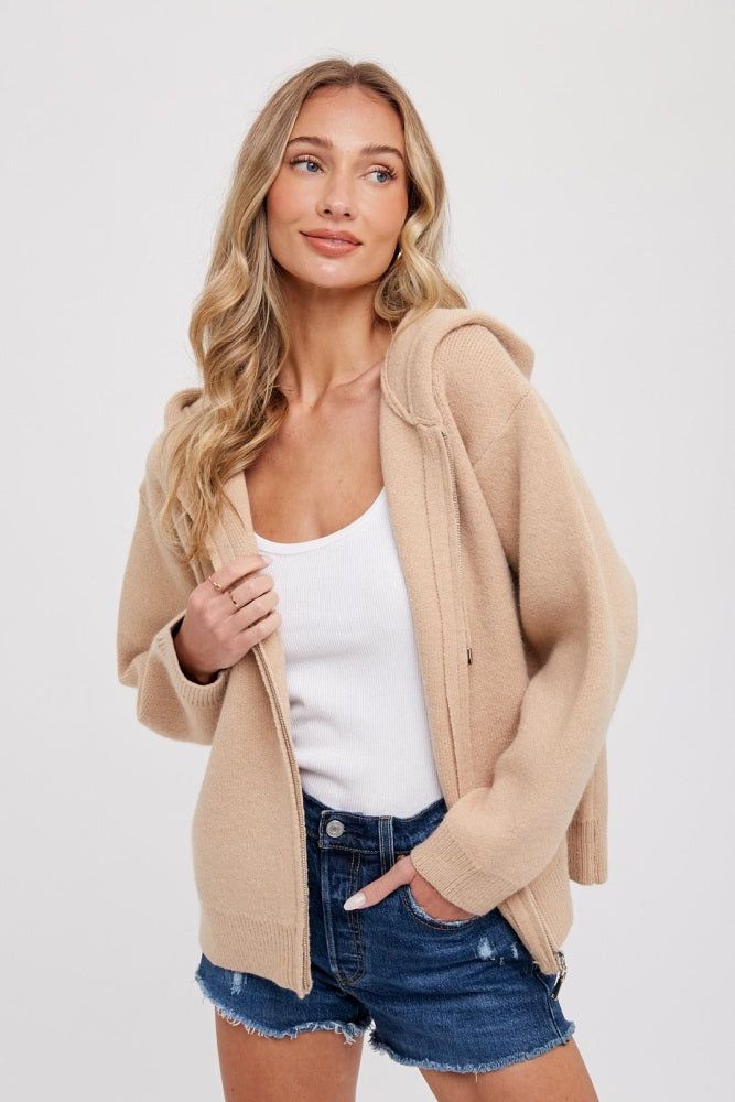 Taupe Zip Up Hooded Cardigan sold by Pinkblush