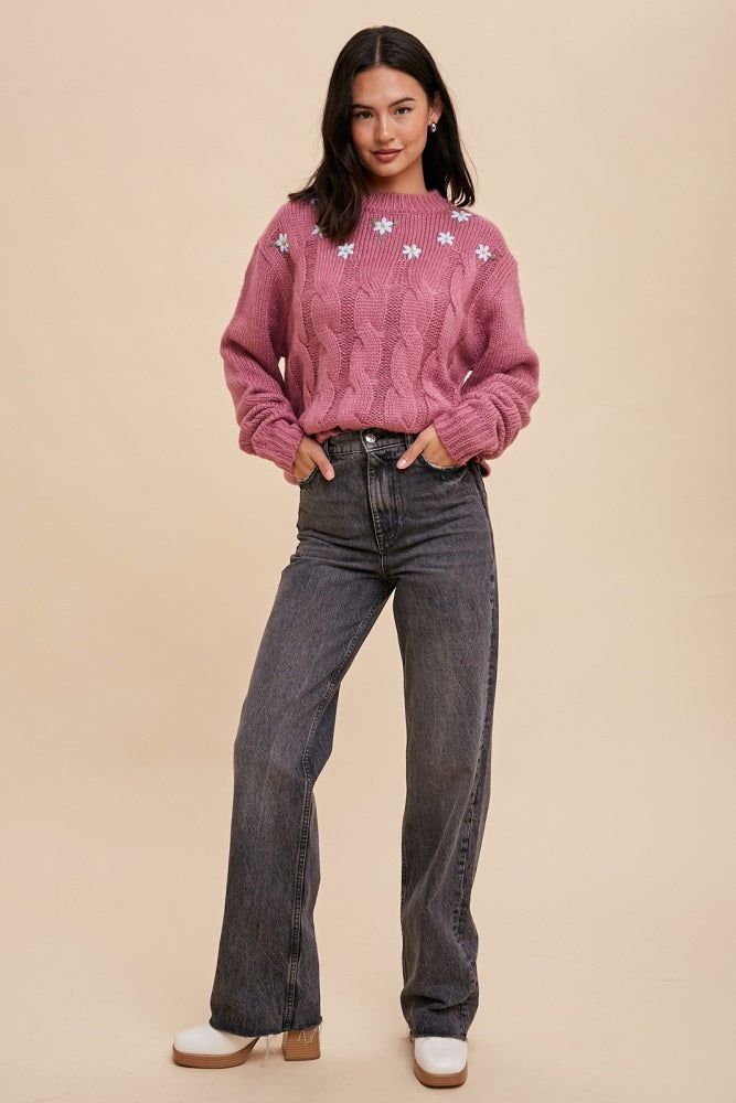 Mauve Floral Embroidered Cable Knit Sweater sold by Pinkblush product image thumbnail 4