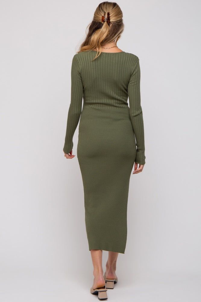 Olive Ribbed Fitted Long Sleeve Maternity Maxi Dress sold by Pinkblush product image thumbnail 3