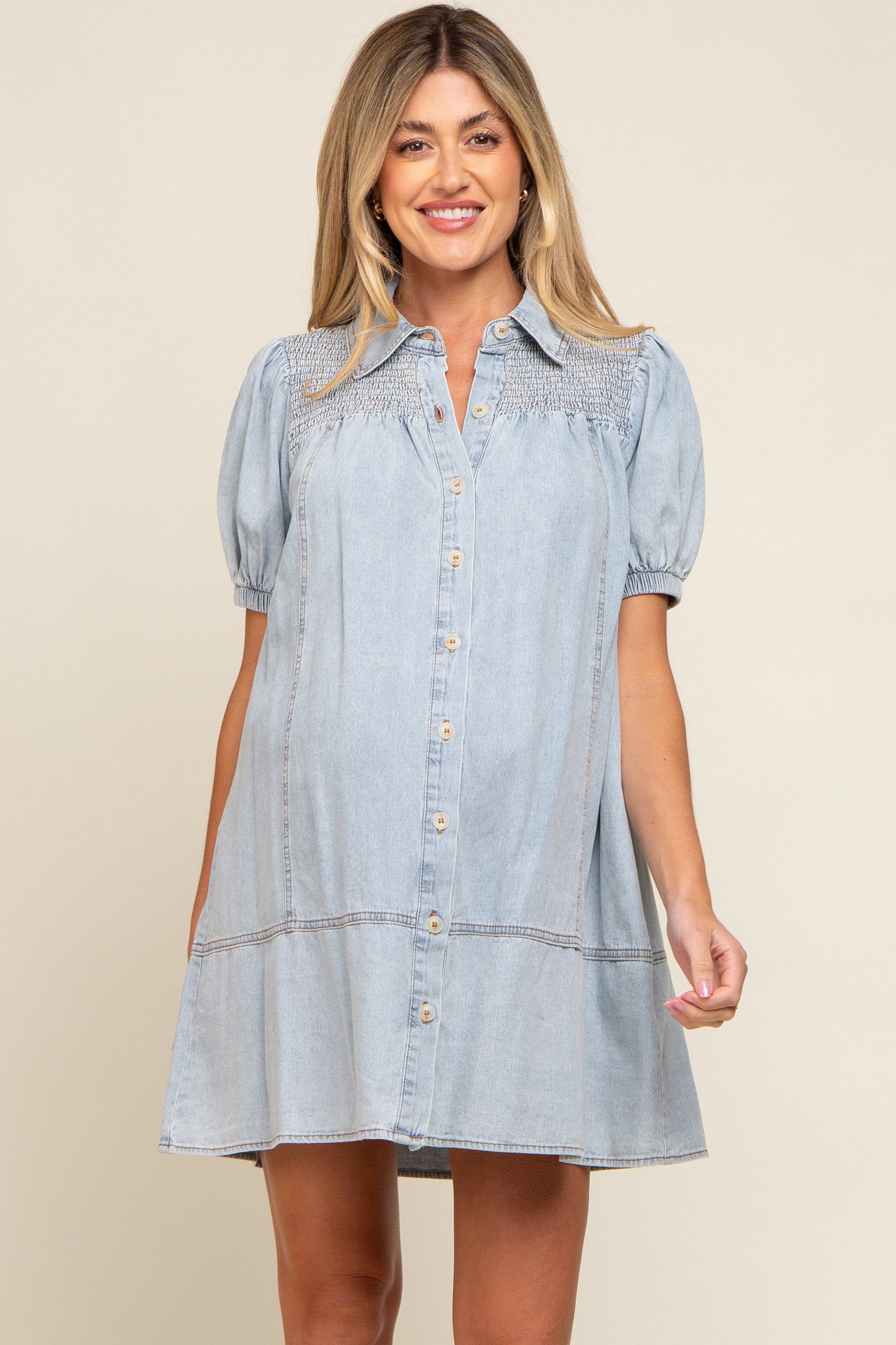 Light Blue Denim Smocked Button Up Maternity Dress sold by Pinkblush