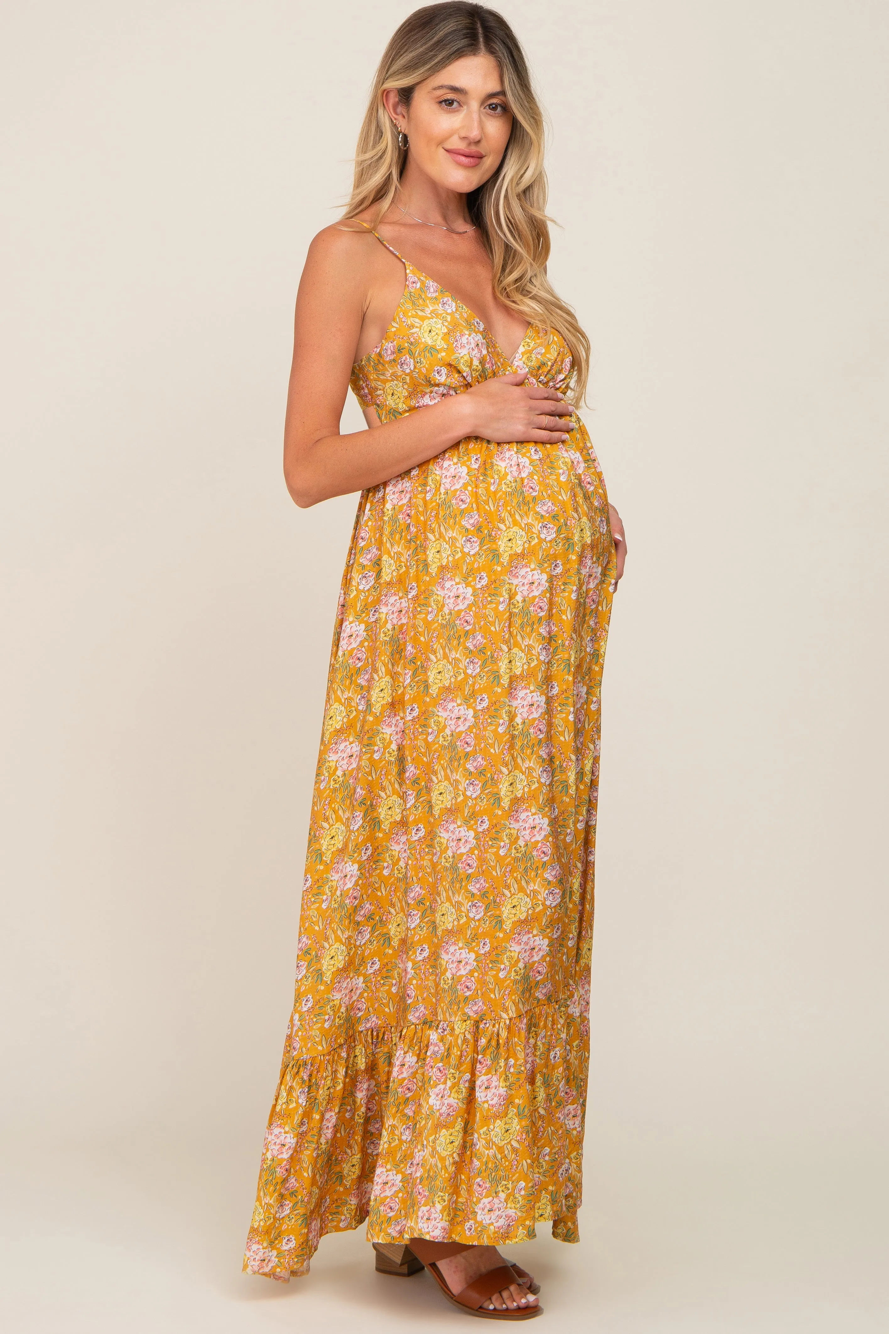 Gold Floral Back Tie Cutout Maternity Maxi Dress sold by Pinkblush product image thumbnail 3