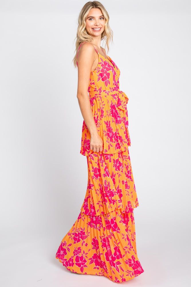Orange Floral Pleated Tiered Maxi Dress sold by Pinkblush product image thumbnail 2