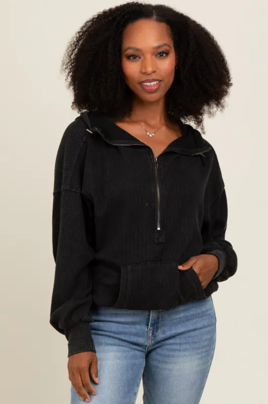 Charcoal Waffle Knit Half Zip Relaxed Fit Hoodie sold by Pinkblush