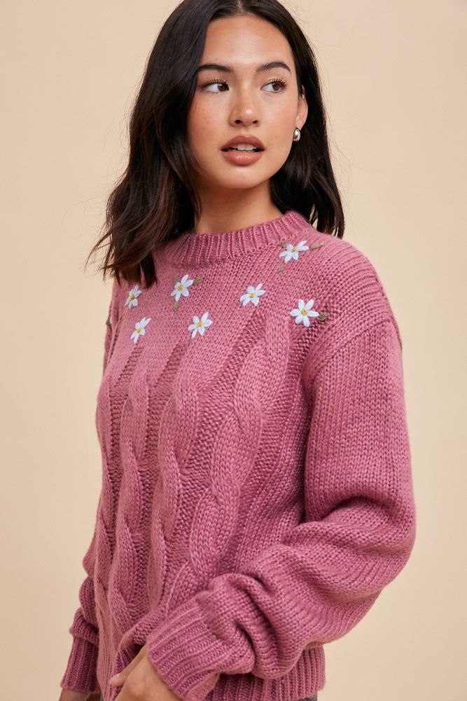 Mauve Floral Embroidered Cable Knit Sweater sold by Pinkblush product image thumbnail 2