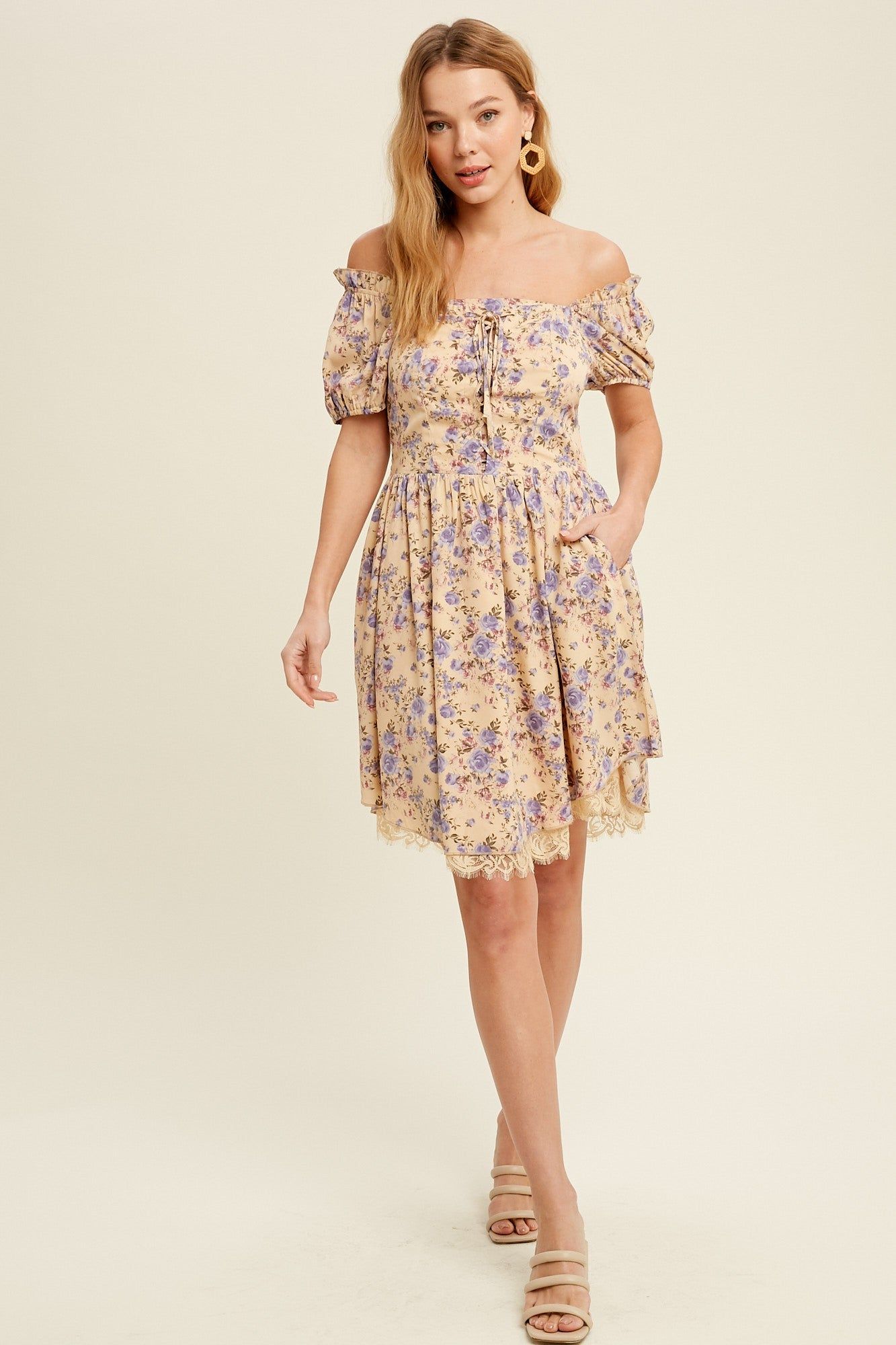 Taupe Floral Printed Woven Mini Dress sold by Pinkblush product image thumbnail 5