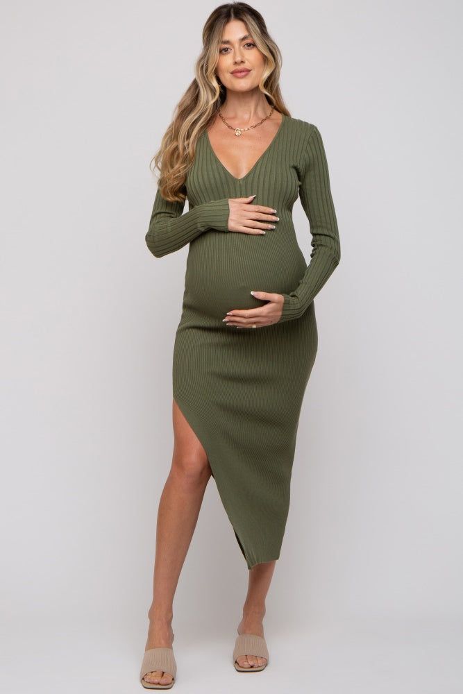Olive Ribbed Fitted Long Sleeve Maternity Maxi Dress sold by Pinkblush product image thumbnail 4