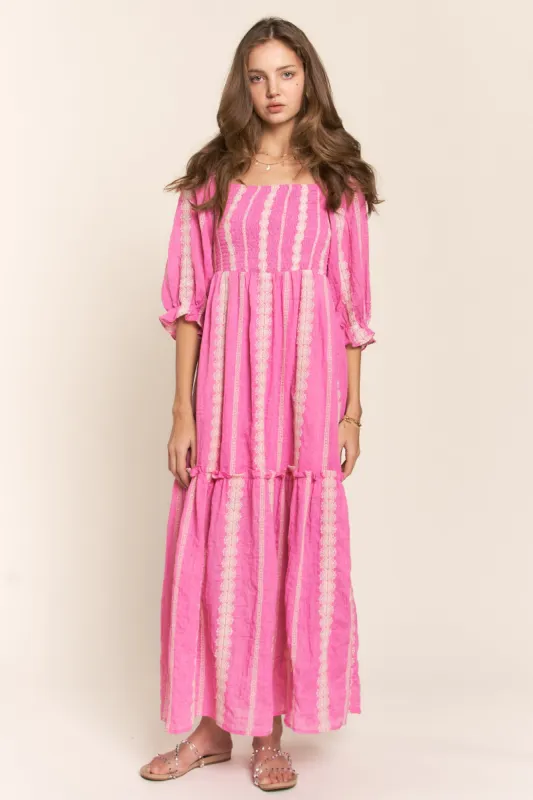 Pink Embroidered Detail Smocked Top Maxi Dress sold by Pinkblush