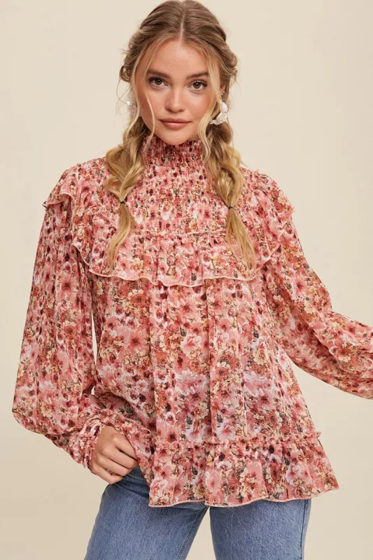 Rose Floral Print Smocked Mock Neck Ruffle Blouse Top sold by Pinkblush