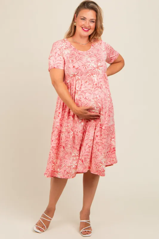 Pink Floral Tiered Plus Maternity Midi Dress sold by Pinkblush